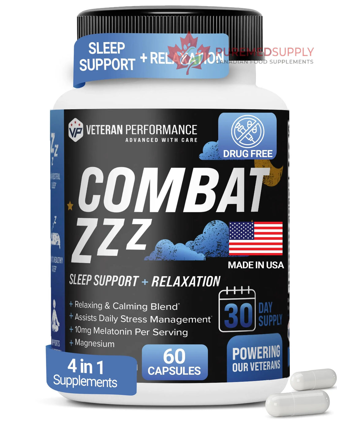 Combat ZZZ 4-in-1 Sleep Aid with Melatonin, Magnesium & L-Theanine – Non-Groggy Formula for Deep Sleep & Restful Recovery – Veteran-Founded, Made in USA (60 Capsules) | Sleep Aid for Adults Veteran Performance buy supplements canada