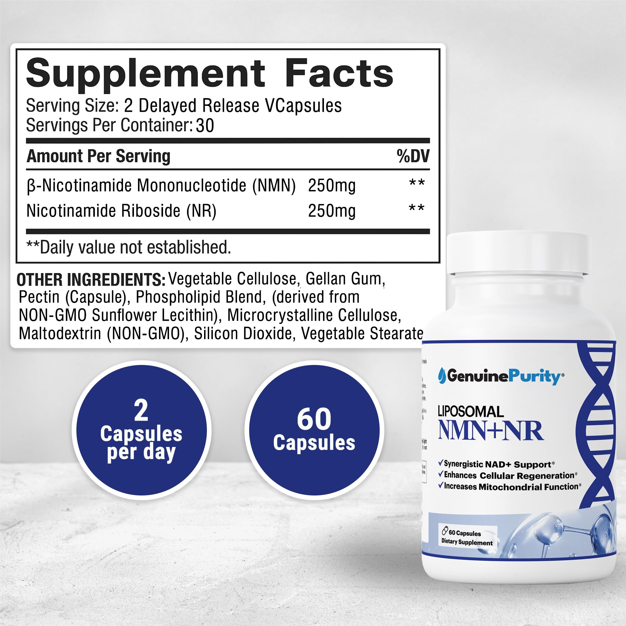 GenuinePurity - Liposomal NMN + NR Supplement - 60 Vegan Capsules to Support Cellular Health, Energy & NAD+ Levels - USA Made, Non-GMO, Gluten Free GenuinePurity buy supplements canada