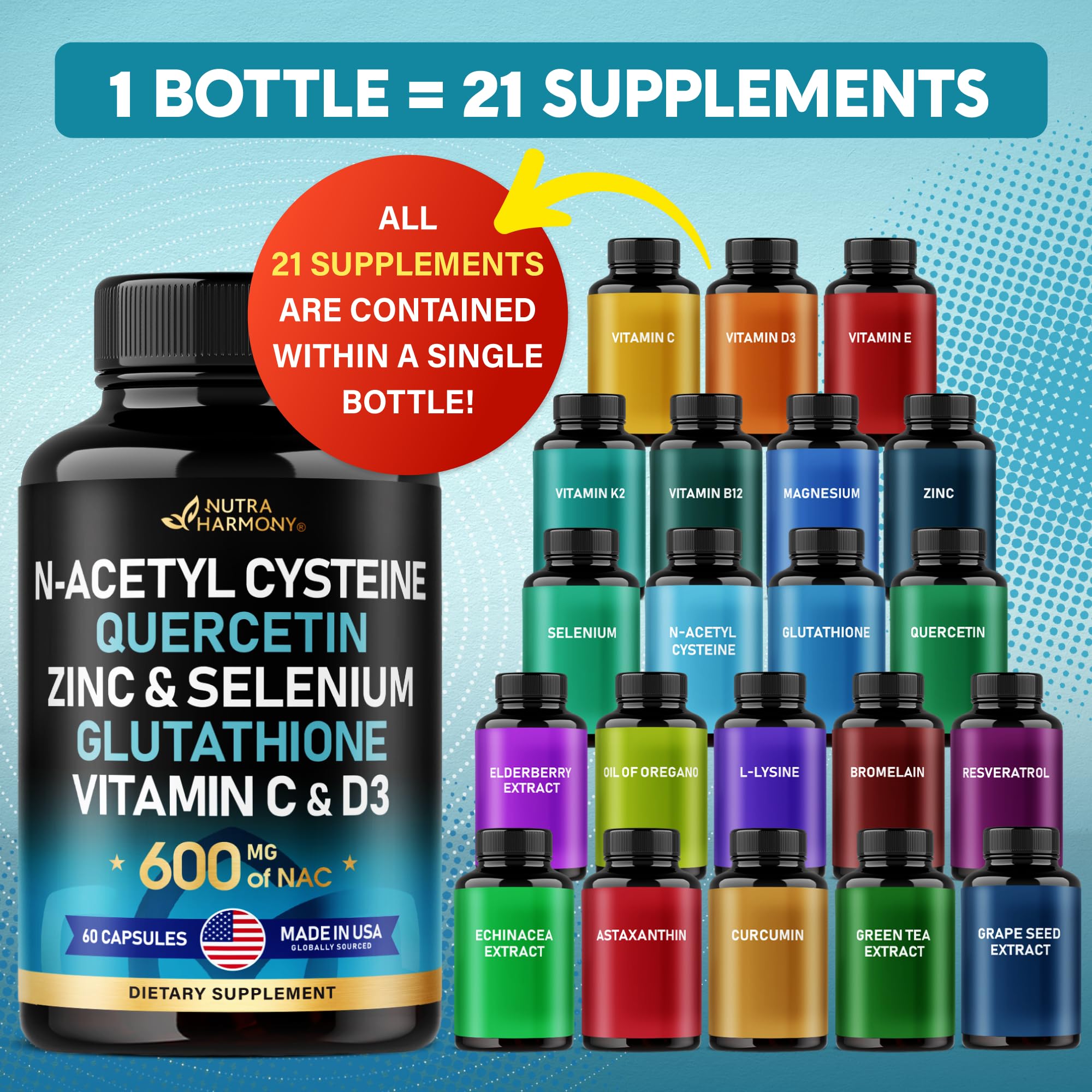 NAC 600 mg Supplement | Quercetin | Zinc | Glutathione | Selenium | Vitamin C & D3 NUTRAHARMONY buy supplements canada