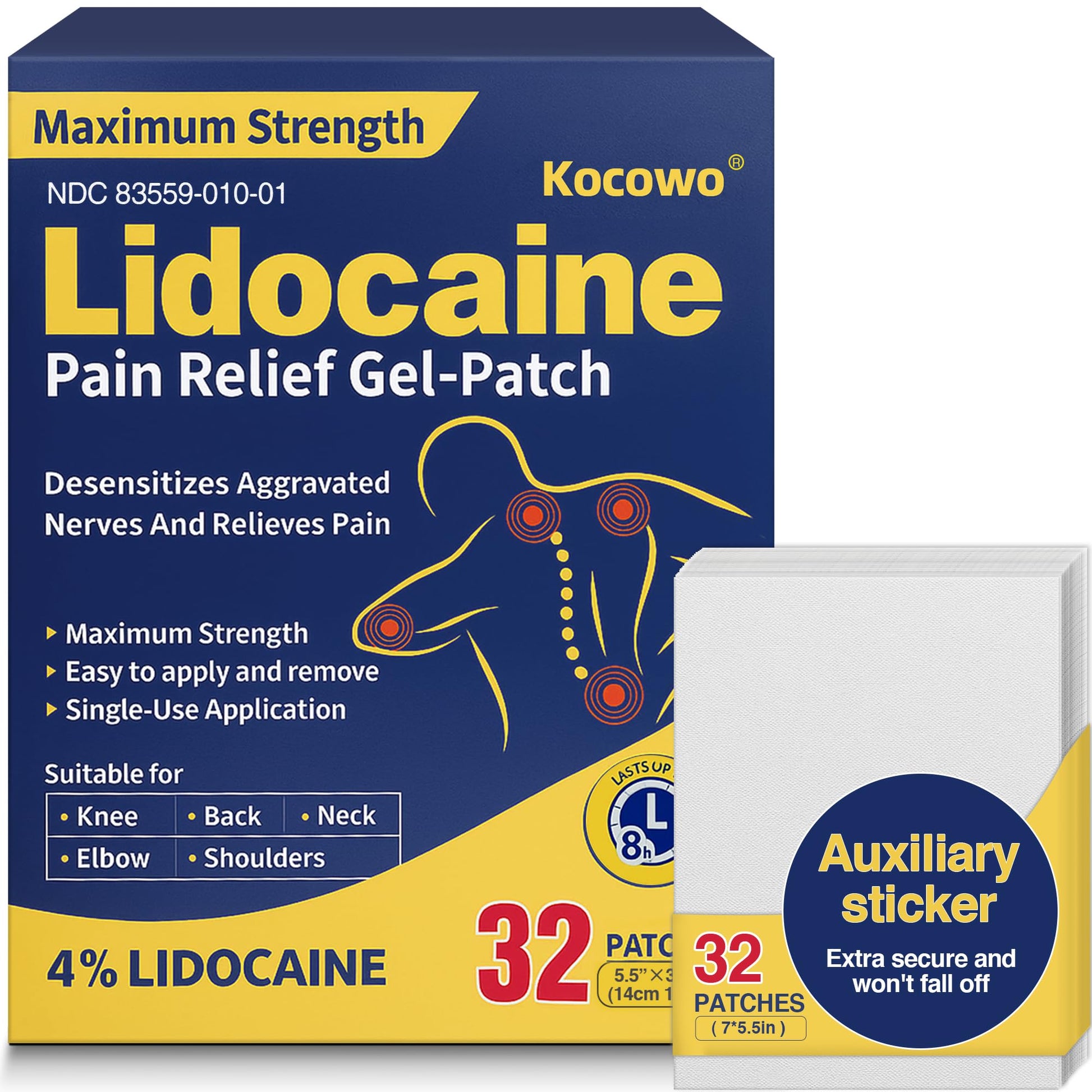 Kocowo 4% Lidocaine Maximum Strength Pain Relief Gel Patches with Auxiliary Patches for Neck Back Knee Joint Ache Muscle Soreness, 3.9” x 5.5”, 32-Count Box, NDC：83559-010-01 Kocowo buy supplements canada