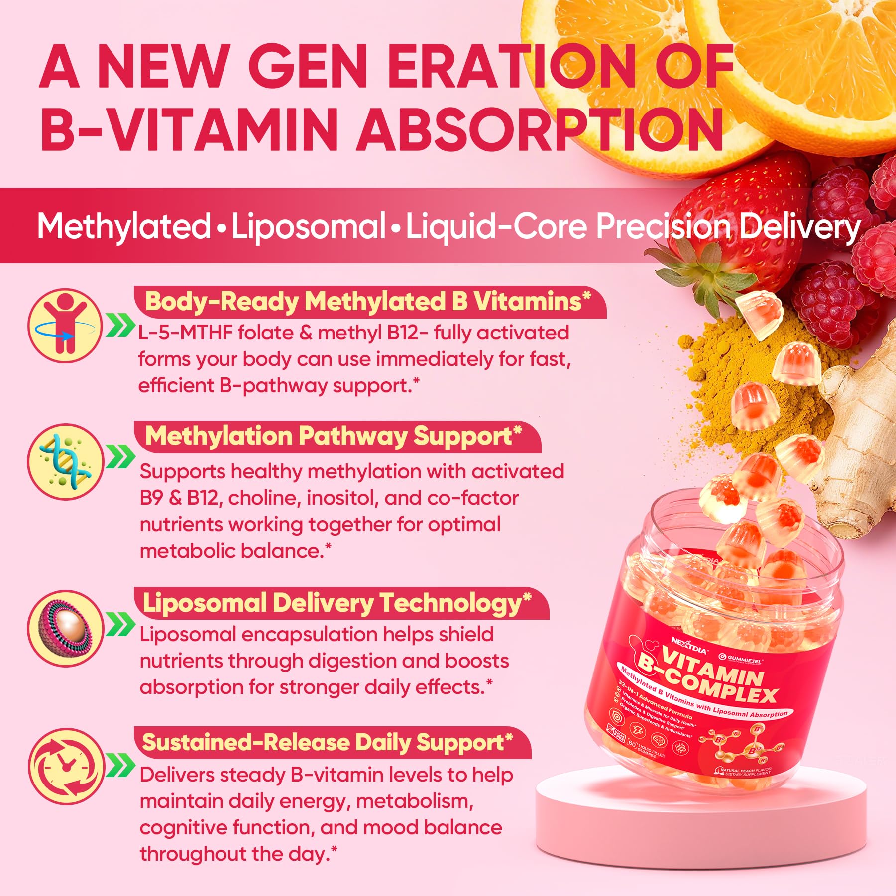 Methylated Vitamin B Complex Gummies for Women & Men, High Dose 2000 mcg Methyl B12, Liposomal Super All B Vitamins Methylfolate, B1, B2, B3, B5, B6, B7, Vitamin C, Nextdia buy supplements canada