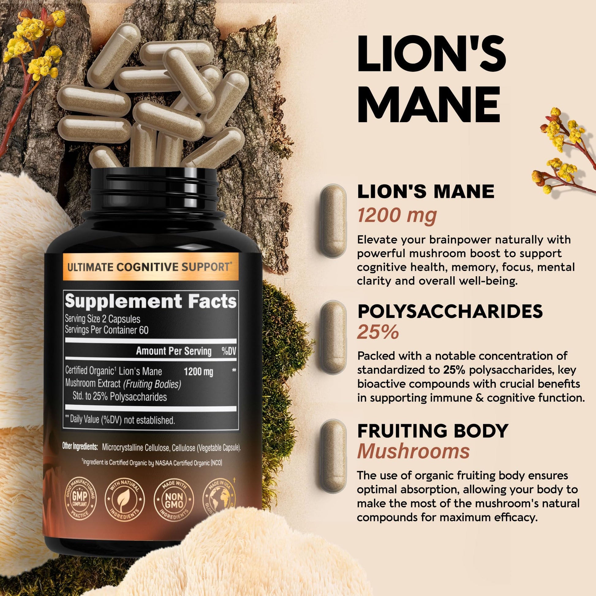 Organic Lions Mane - Certified Mushroom Supplement - Made in USA - Fruiting Bodies NUTRAHARMONY buy supplements canada