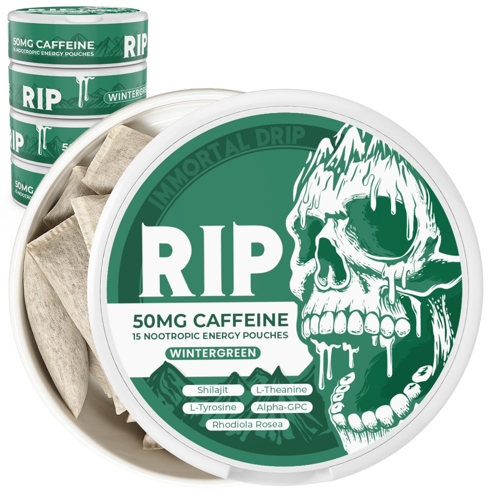 Immortal Drip RIP Nootropic Energy Pouches (Wintergreen) – 5 Cans – 15 Pouches per Can – Clean Energy & Focus Support – 50mg Caffeine, Shilajit, Alpha-GPC, L-Tyrosine, Rhodiola Immortal Drip buy supplements canada