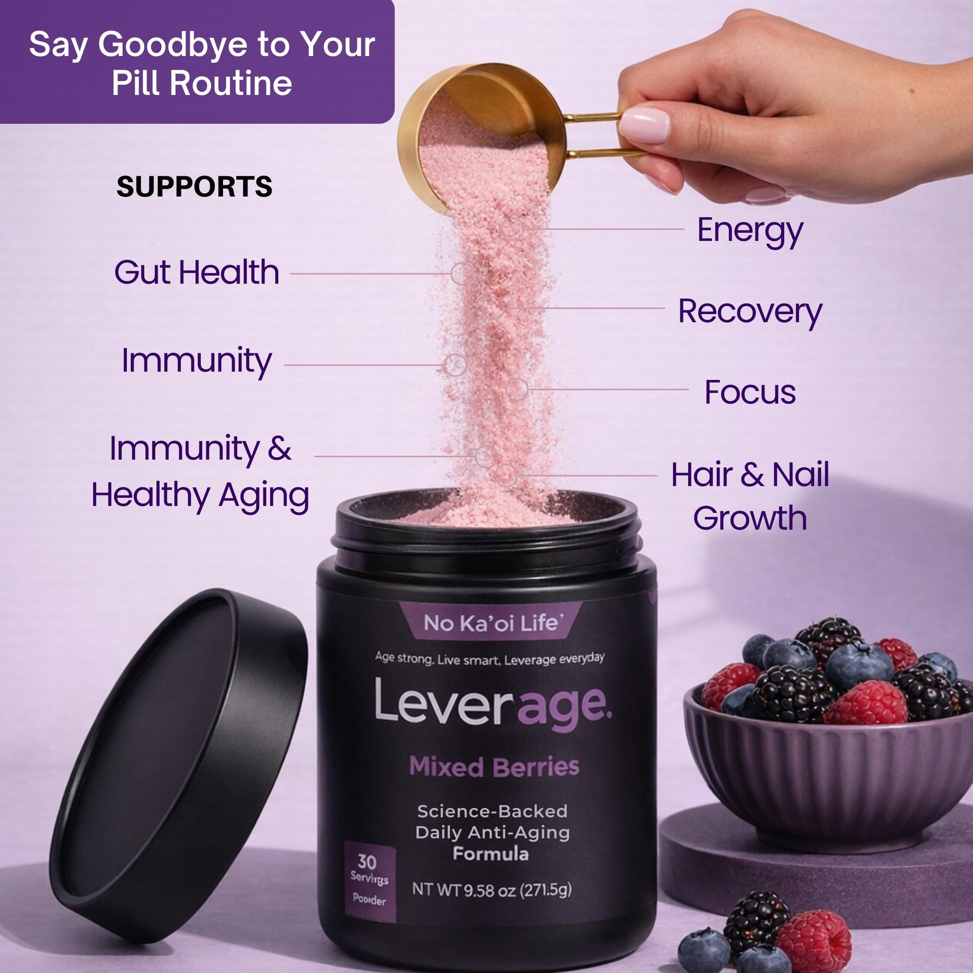 Leverage Mixed Berries Anti–Aging Supplement & Longevity Mix - Daily Wellness Multivitamin Powder with Hyaluronic Acid, L-Glycine & Magnesium for Skin, Energy, Cognitive Function & Joint–30 Servings Leverage buy supplements canada