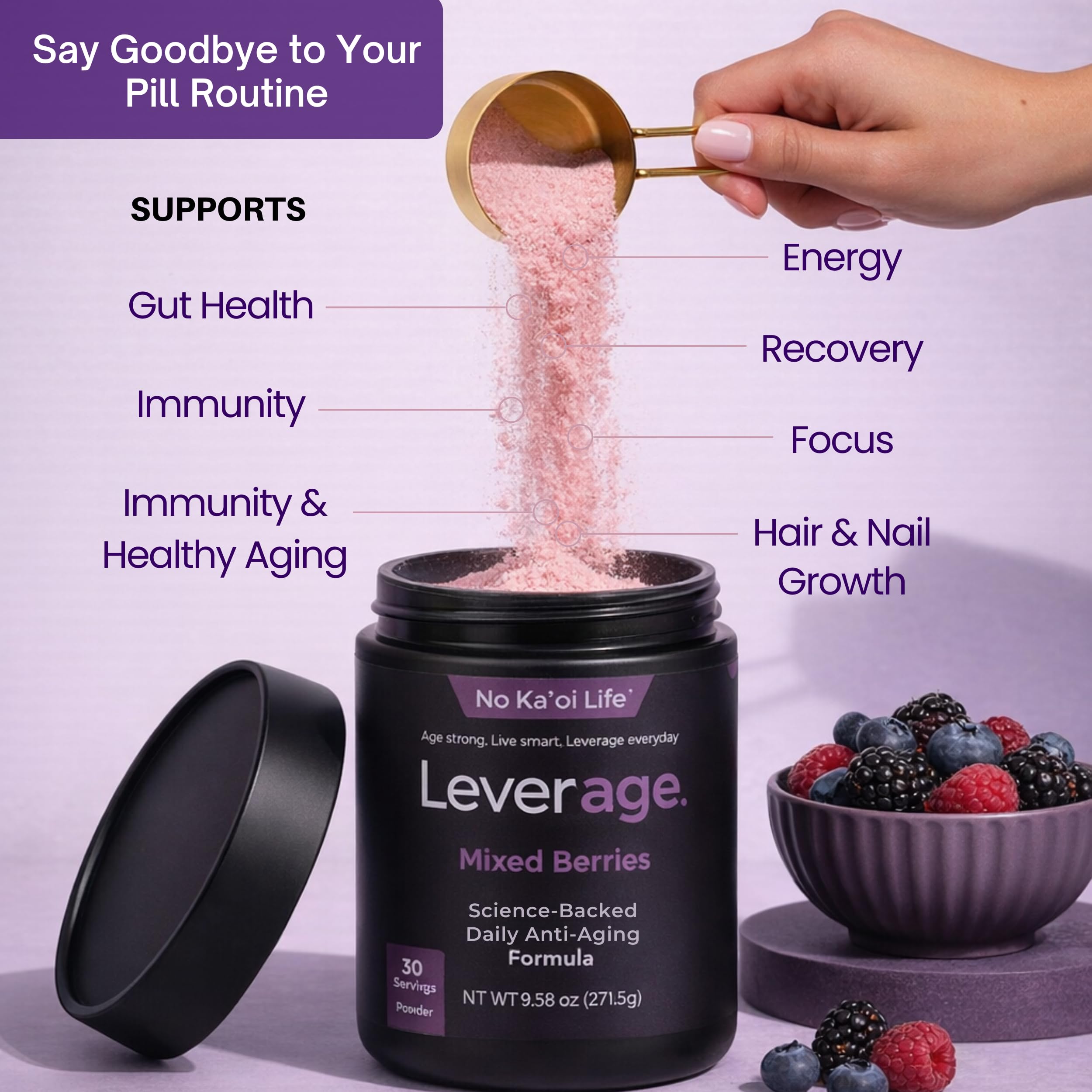 Leverage Mixed Berries Anti–Aging Supplement & Longevity Mix - Daily Wellness Multivitamin Powder with Hyaluronic Acid, L-Glycine & Magnesium for Skin, Energy, Cognitive Function & Joint–30 Servings Leverage buy supplements canada