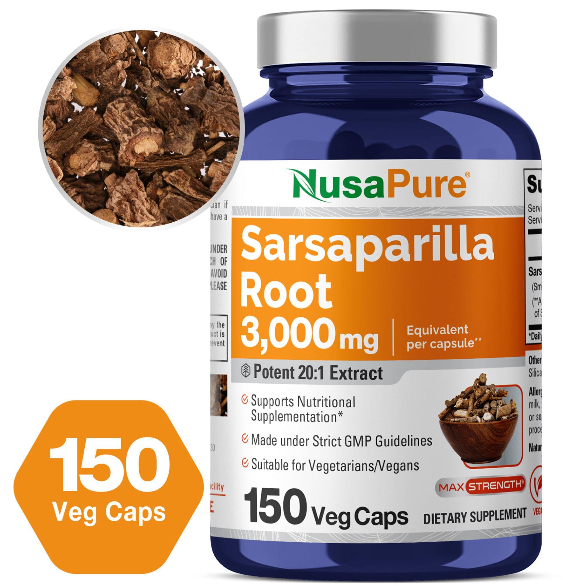 NusaPure Sarsaparilla Root 20:1 Extract - Suitable for Vegetarian/Vegan, Non - GMO - 3000 mg - 150 Capsules NusaPure buy supplements canada