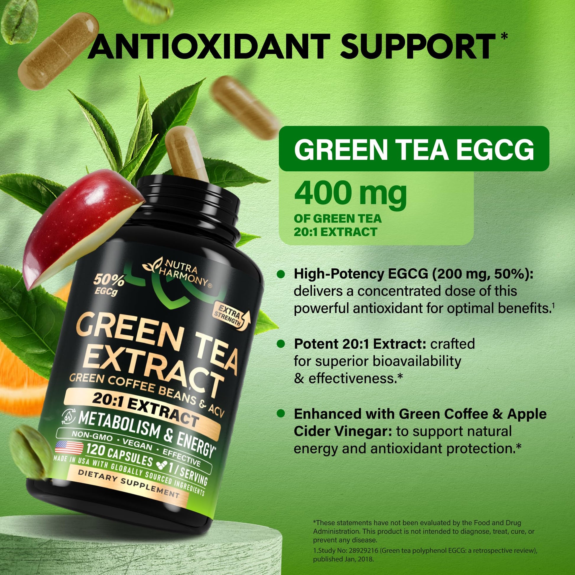 Green Tea Extract - 50% EGCG, Extra Strength 20:1 Extract - Natural Green Tea Supplement + Green Coffee Beans & Apple Cider Vinegar - Energy & Metabolism Support NUTRAHARMONY buy supplements canada