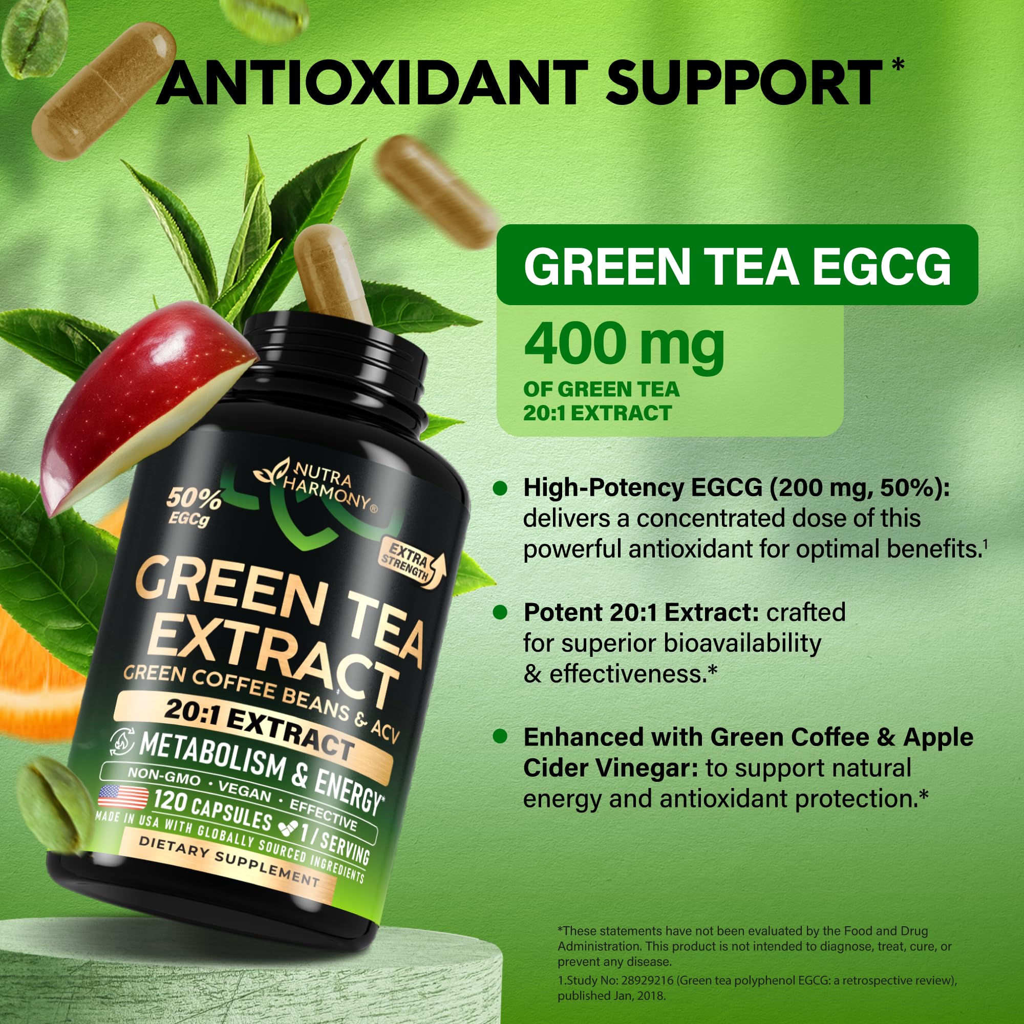 Green Tea Extract - 50% EGCG, Extra Strength 20:1 Extract - Natural Green Tea Supplement + Green Coffee Beans & Apple Cider Vinegar - Energy & Metabolism Support NUTRAHARMONY buy supplements canada