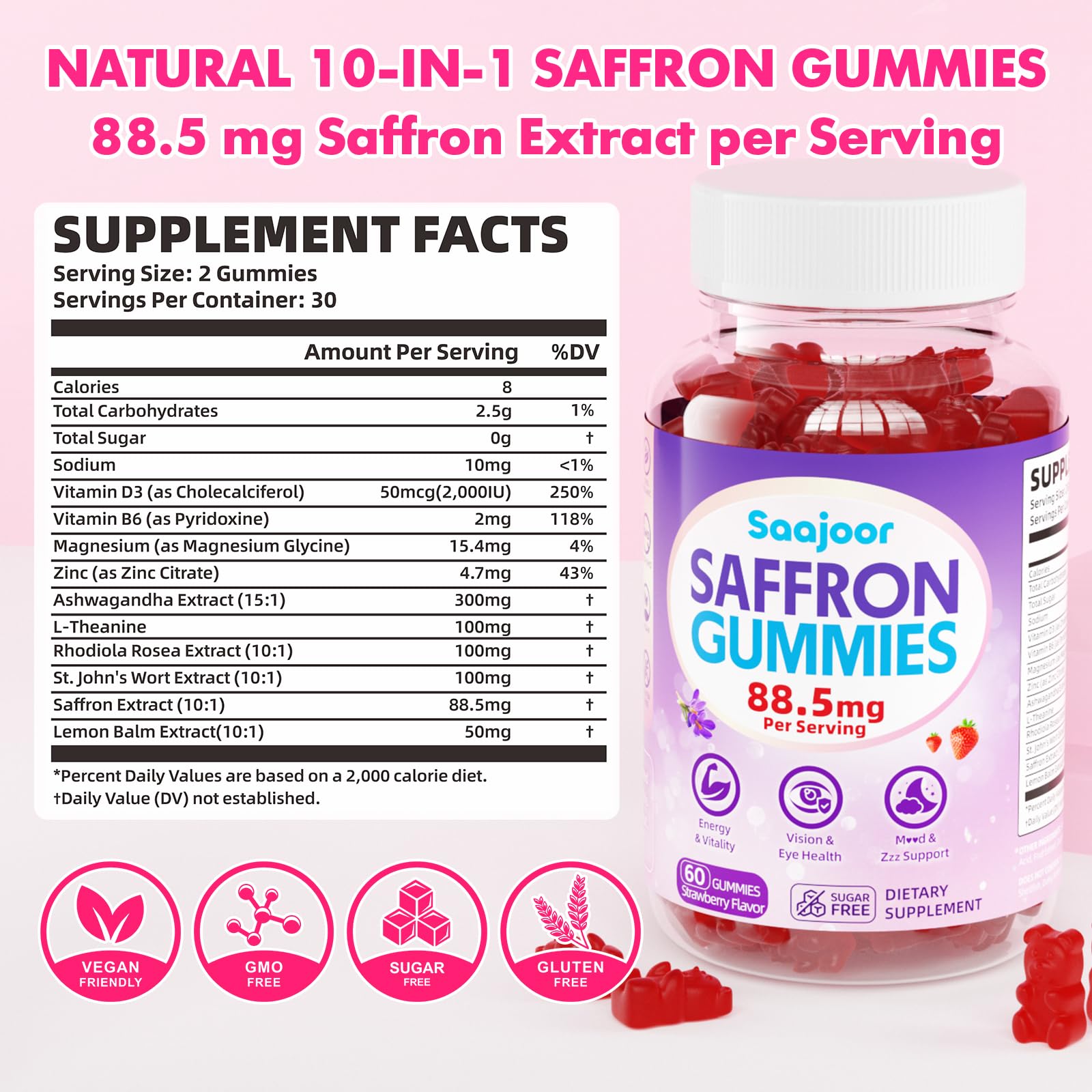 Saffron Gummies for Adult Kids - with Saffron 88.5mg, Vitamins D3 & B6, Magnesium, Zinc, Ashwagandha, L - Theanine, St. John's Wort - Supports Mood & Focus, Strawberry Flavor, 120 Count Saajoor buy supplements canada