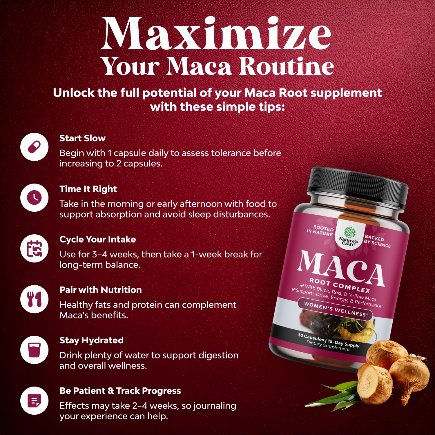 Maca Root Capsules for Women - Potent Herbal Supplement with Female Enhancing Blend of Red Yellow & Black Maca Root - Non-GMO Certified Vegan and Gluten-Free with No Artificial Colors - 30 Count Natures Craft buy supplements canada