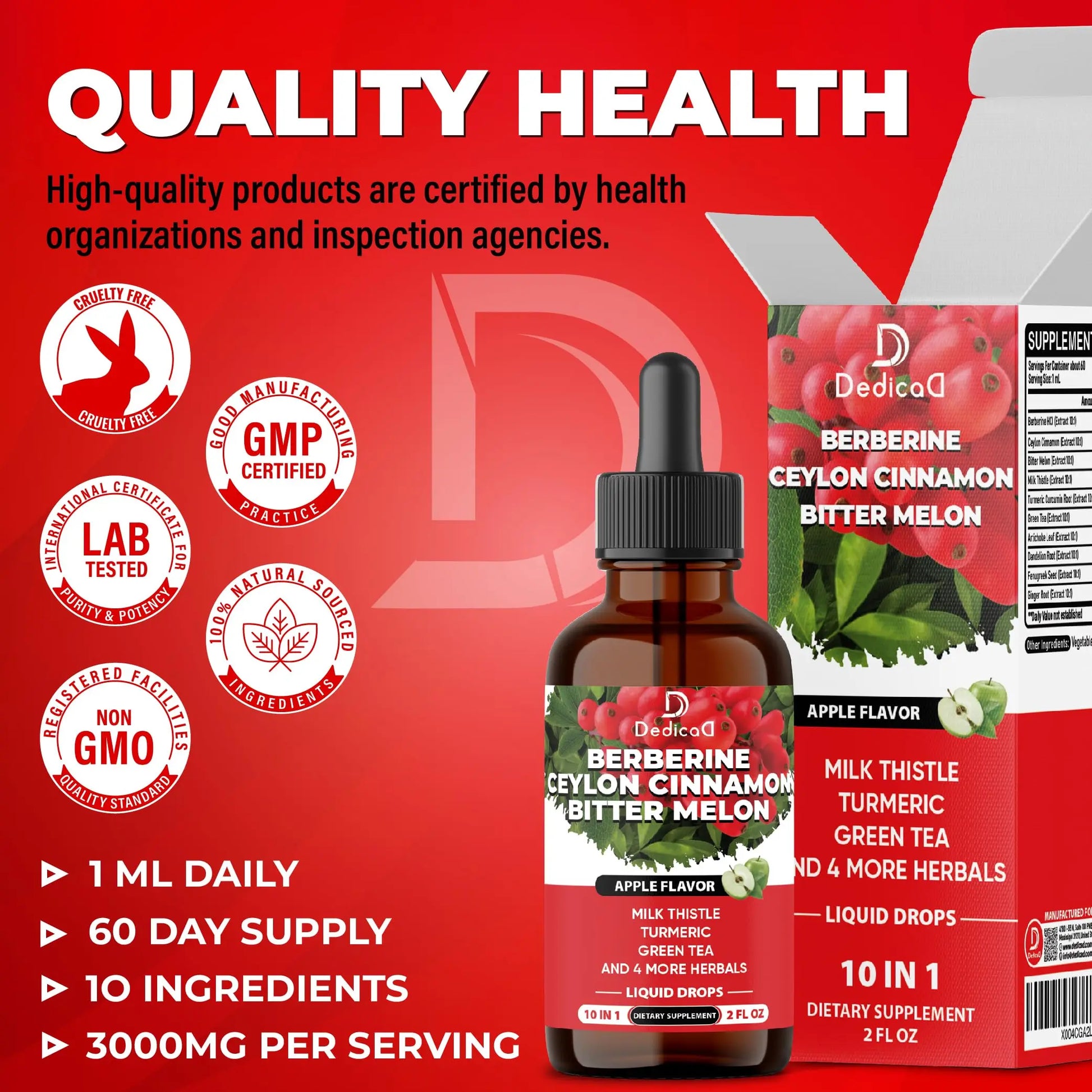 DEDICAD 10in1 Berberine HCl Drops - Liposomal Berberine Liquid - Activator Berberine with Ceylon Cinnamon, Bitter Melon, and 7 More - 60ml DEDICAD buy supplements canada