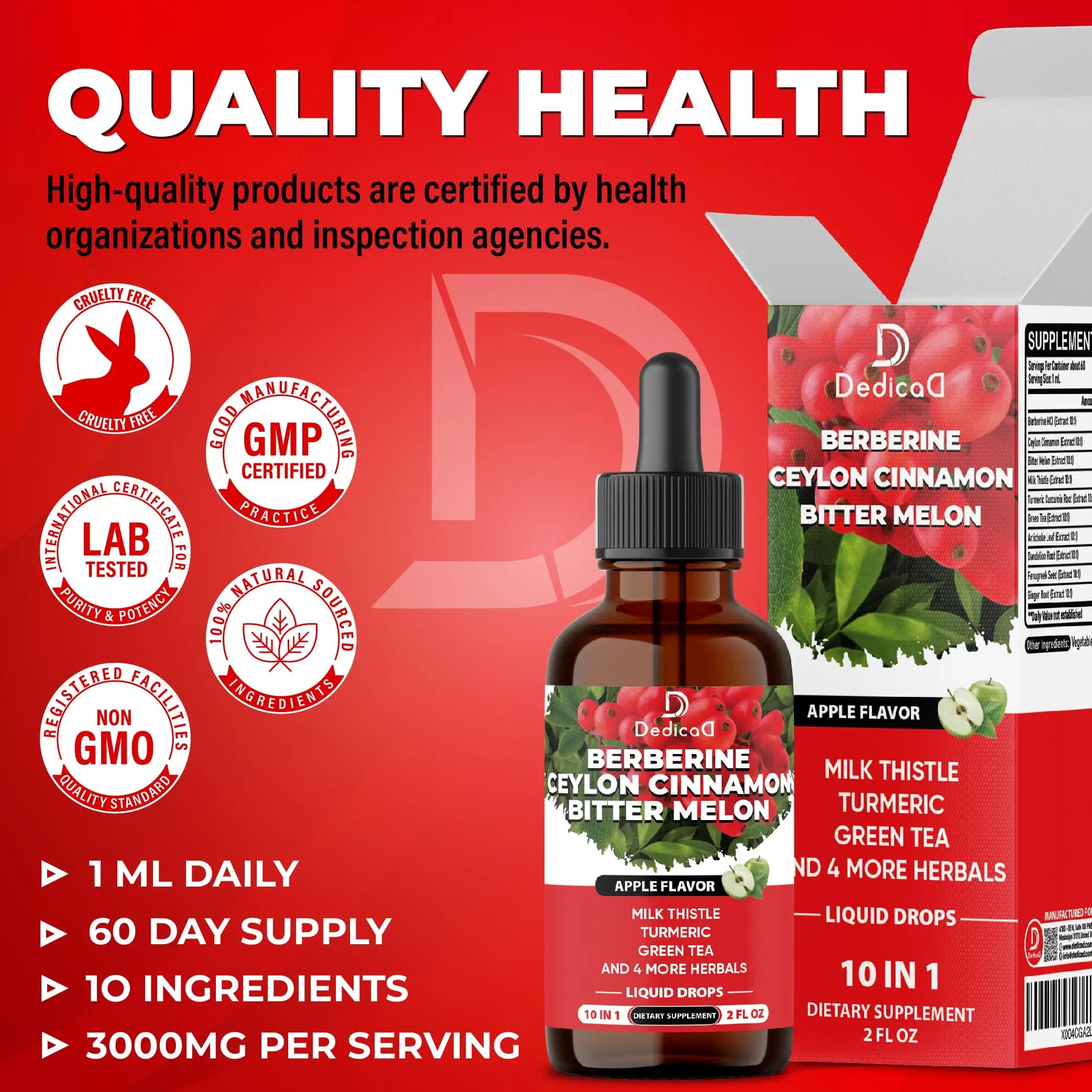 DEDICAD 10in1 Berberine HCl Drops - Liposomal Berberine Liquid - Activator Berberine with Ceylon Cinnamon, Bitter Melon, and 7 More - 60ml DEDICAD buy supplements canada
