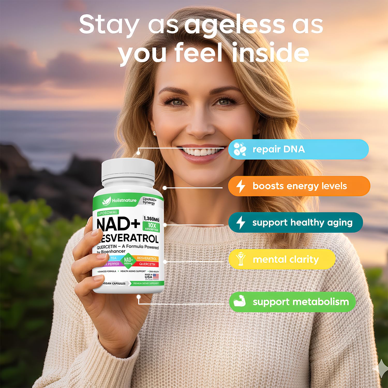 NAD+ Supplement, 1,360mg Max Strength Liposomal | Resveratrol, Quercetin, Green Tea | Cellular Energy & Healthy Aging for Men & Women | 800mg of 100% High Purity NAD+ for Energy, Focus - 90 Capsules Holistnature buy supplements canada