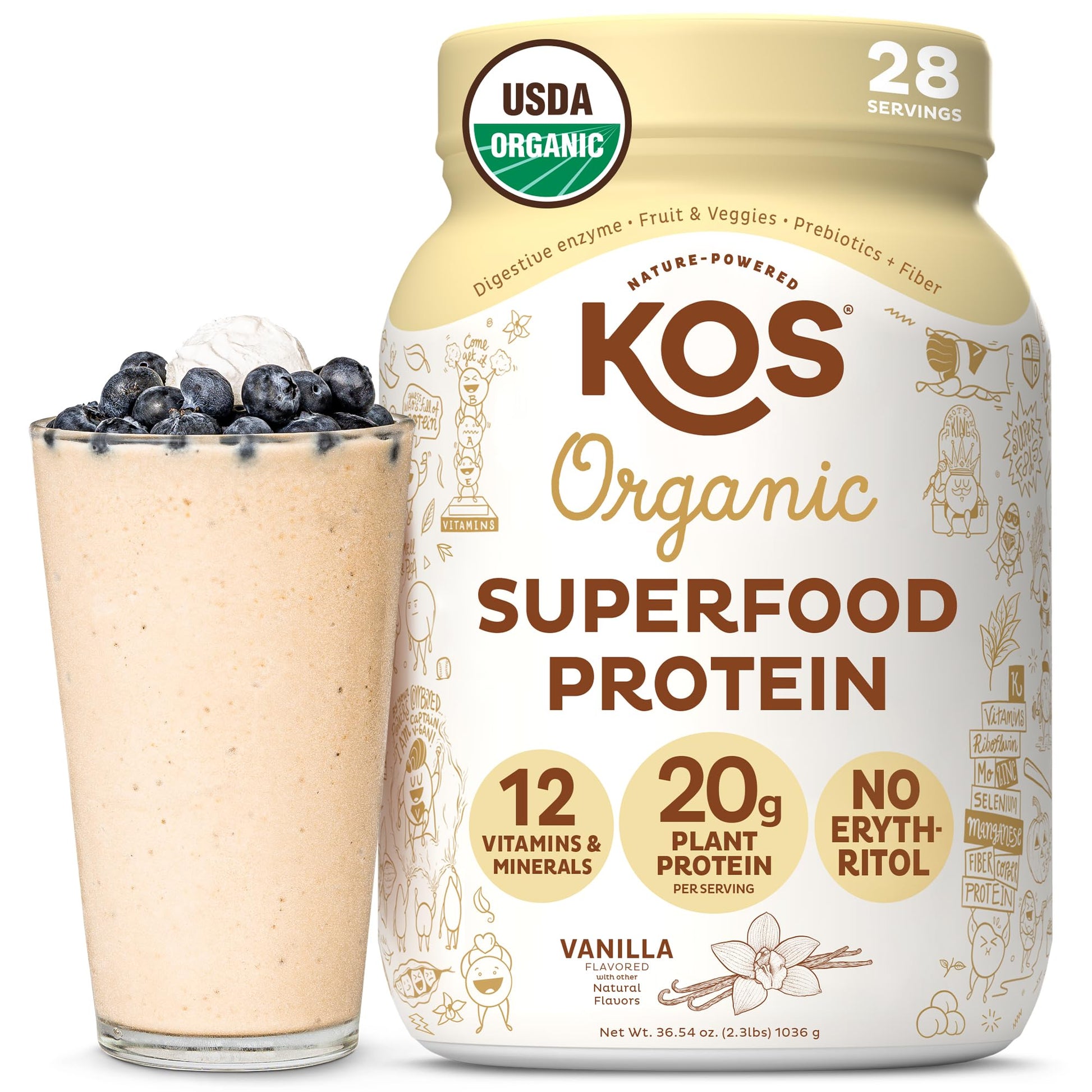 KOS Vegan Protein Powder Erythritol Free, Vanilla USDA Organic - Pea Protein Blend, Plant Based Superfood Rich in Vitamins & Minerals - Keto, Dairy Free - Meal Replacement for Women & Men, 28 Servings KOS buy supplements canada