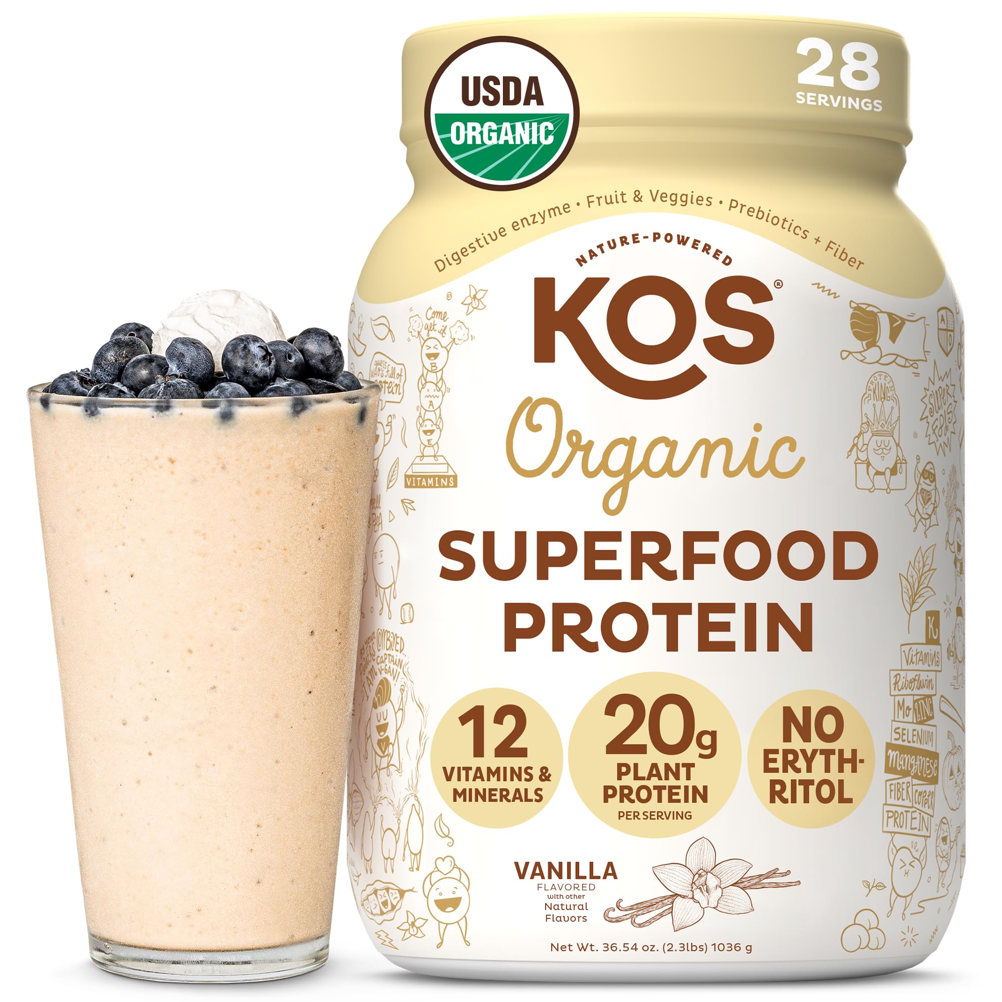 KOS Vegan Protein Powder Erythritol Free, Vanilla USDA Organic - Pea Protein Blend, Plant Based Superfood Rich in Vitamins & Minerals - Keto, Dairy Free - Meal Replacement for Women & Men, 28 Servings KOS buy supplements canada