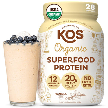 KOS Vegan Protein Powder Erythritol Free, Vanilla USDA Organic - Pea Protein Blend, Plant Based Superfood Rich in Vitamins & Minerals - Keto, Dairy Free - Meal Replacement for Women & Men, 28 Servings KOS buy supplements canada