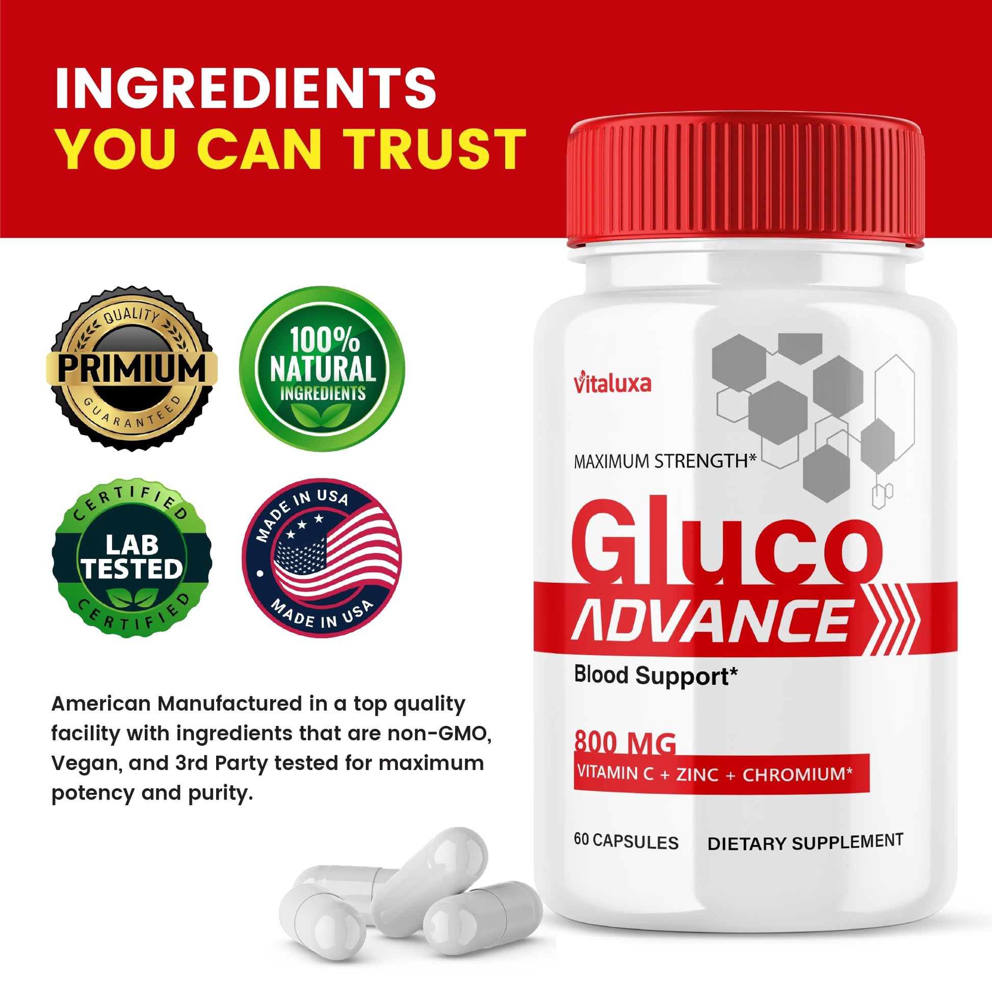 Gluco Advance Capsules, Gluco Advanced Blood Support Supplement GlucoAdvance Pills for Joints, GlucoseAdvance Premium Blend Flow Balance All Natural Formula Overall Health Wellness (60 Capsules) Vitaluxa buy supplements canada