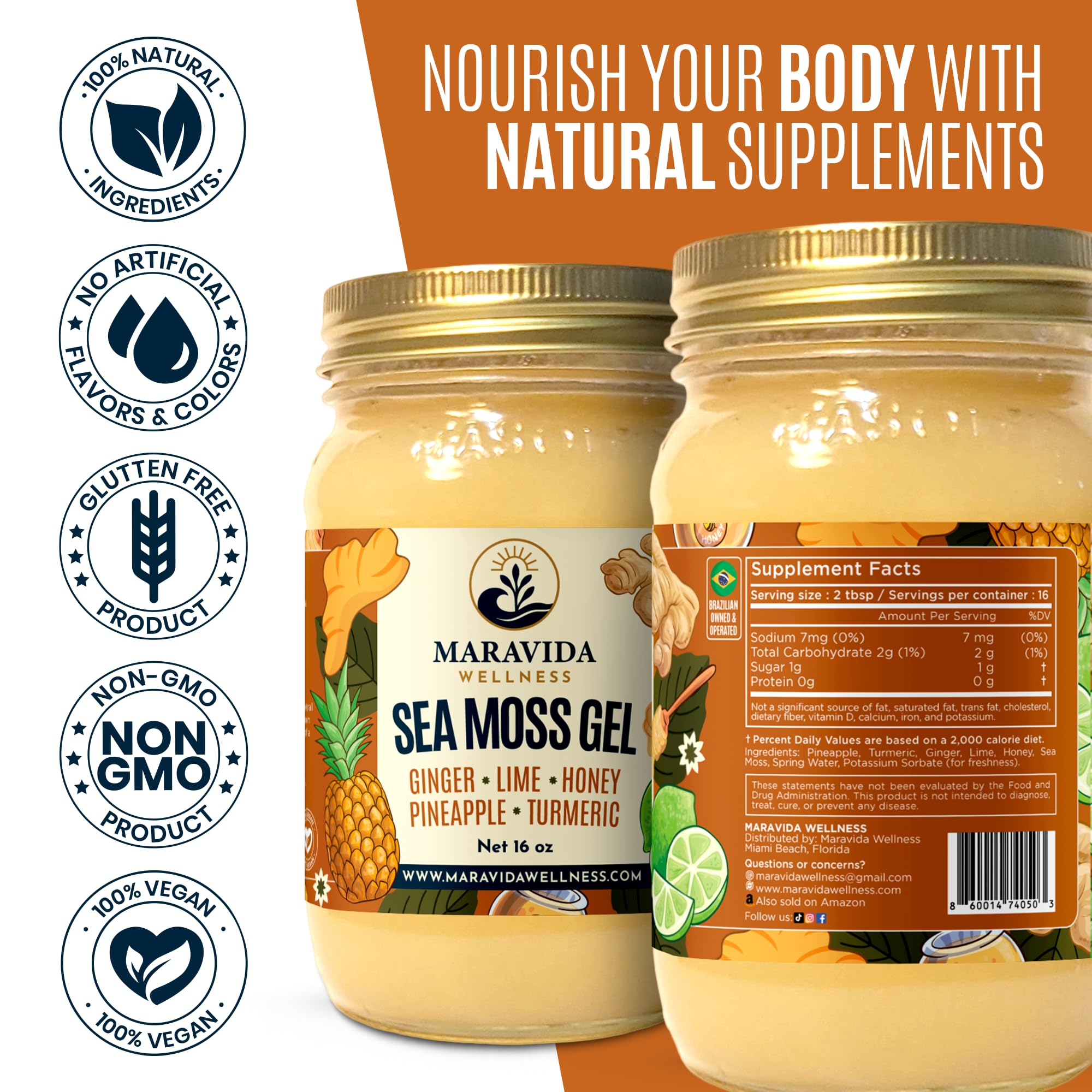 Maravida Wellness Sea Moss Gel – Pineapple, Lime, Honey, Ginger & Turmeric – 100% Natural Raw Organic Irish Moss – 16oz Jar – Premium Superfood for Everyday Wellness Maravida Wellness buy supplements canada