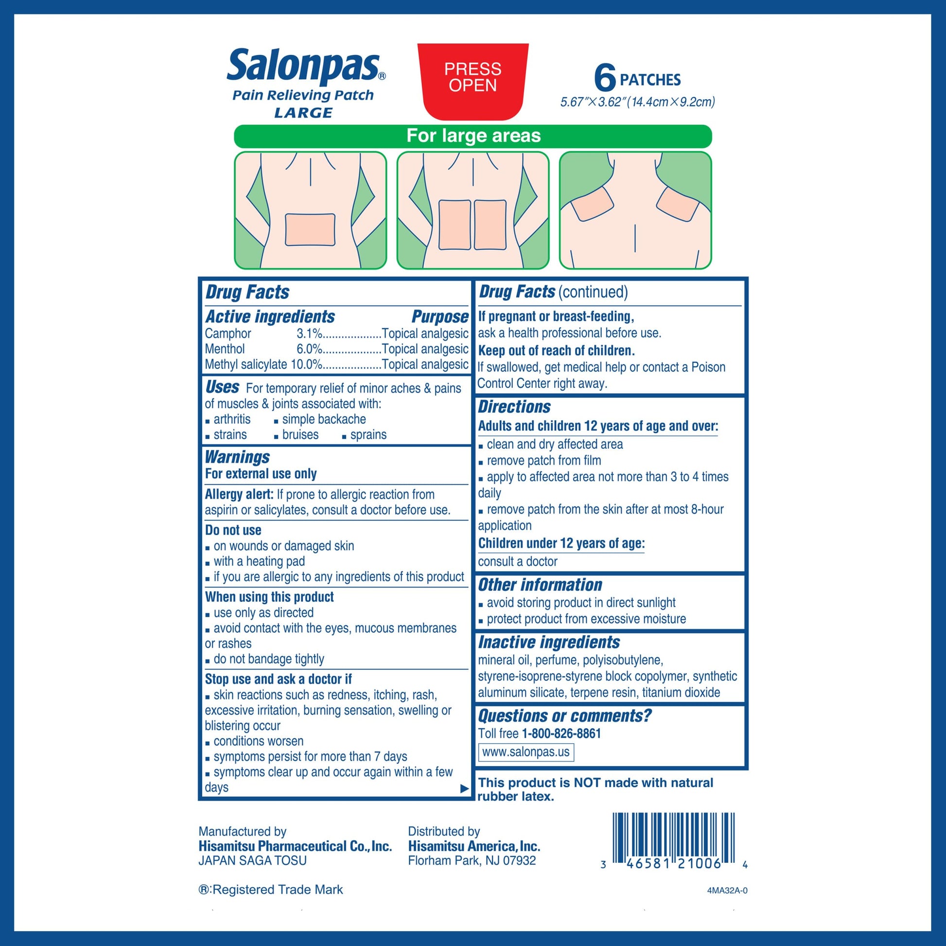 Salonpas Pain Relieving Patch, Large, 6 Count, for Back, Neck, Shoulder, Knee Pain and Muscle Soreness, 8 Hour Pain Relief Salonpas buy supplements canada
