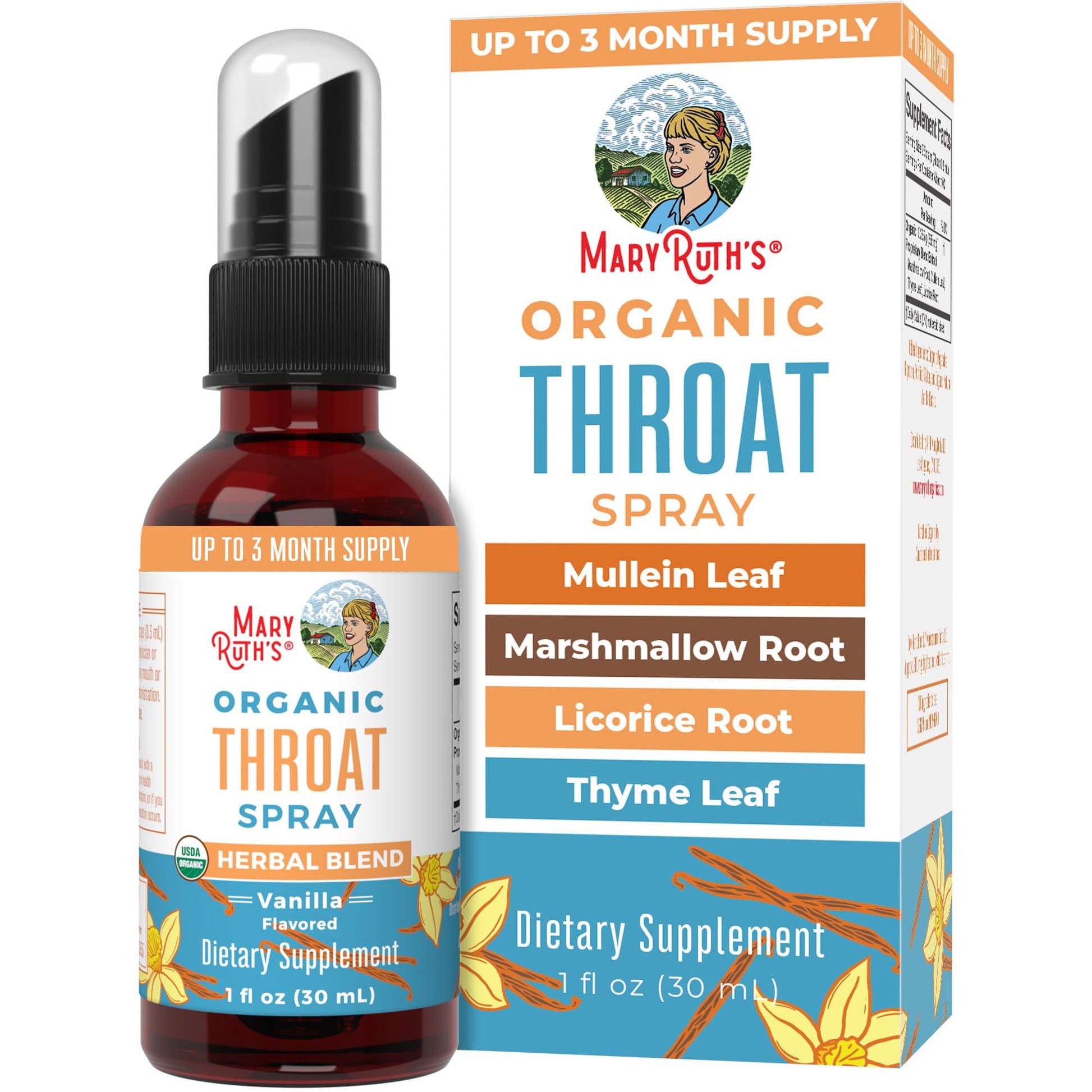 MaryRuth Organics USDA Organic Throat Spray with Mullein Leaf | Marshmallow Root & Licorice Root & Thyme Leaf | Vanilla | 4 Herbal Blend | Non-GMO | Vegan | Gluten Free | 1 Fl Oz | Up to 100 Servings MARYRUTH'S buy supplements canada
