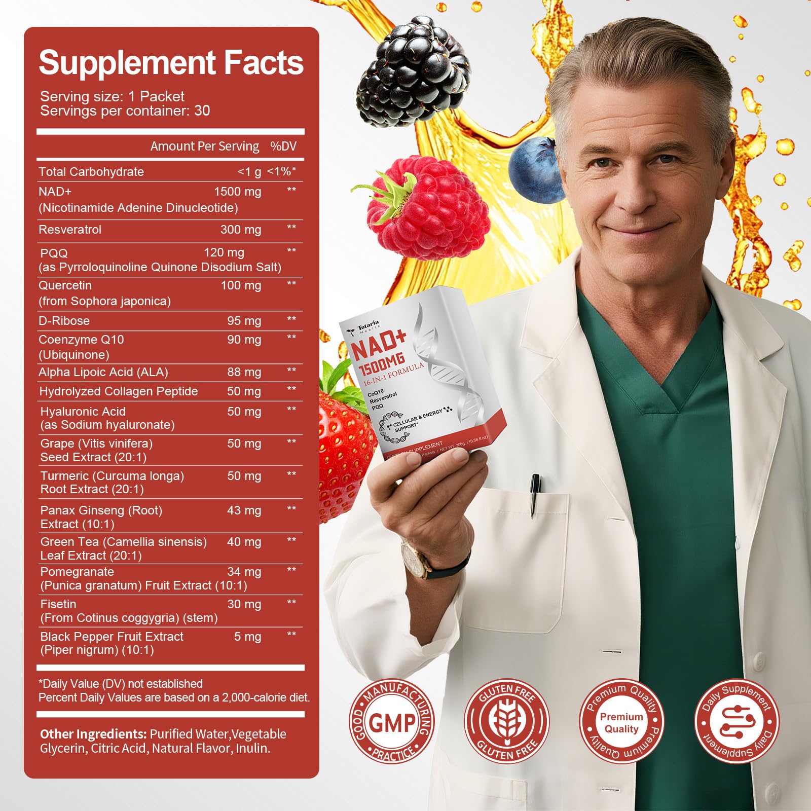 Totaria NAD Liquid Supplement 1500mg for Men & Women, Extra Strength NAD+, Resveratrol, PQQ, CoQ10, 16-in-1 Formula with Nicotinamide Riboside for Anti Aging, Energy, Immune, Focus (30 Packets) Totaria buy supplements canada