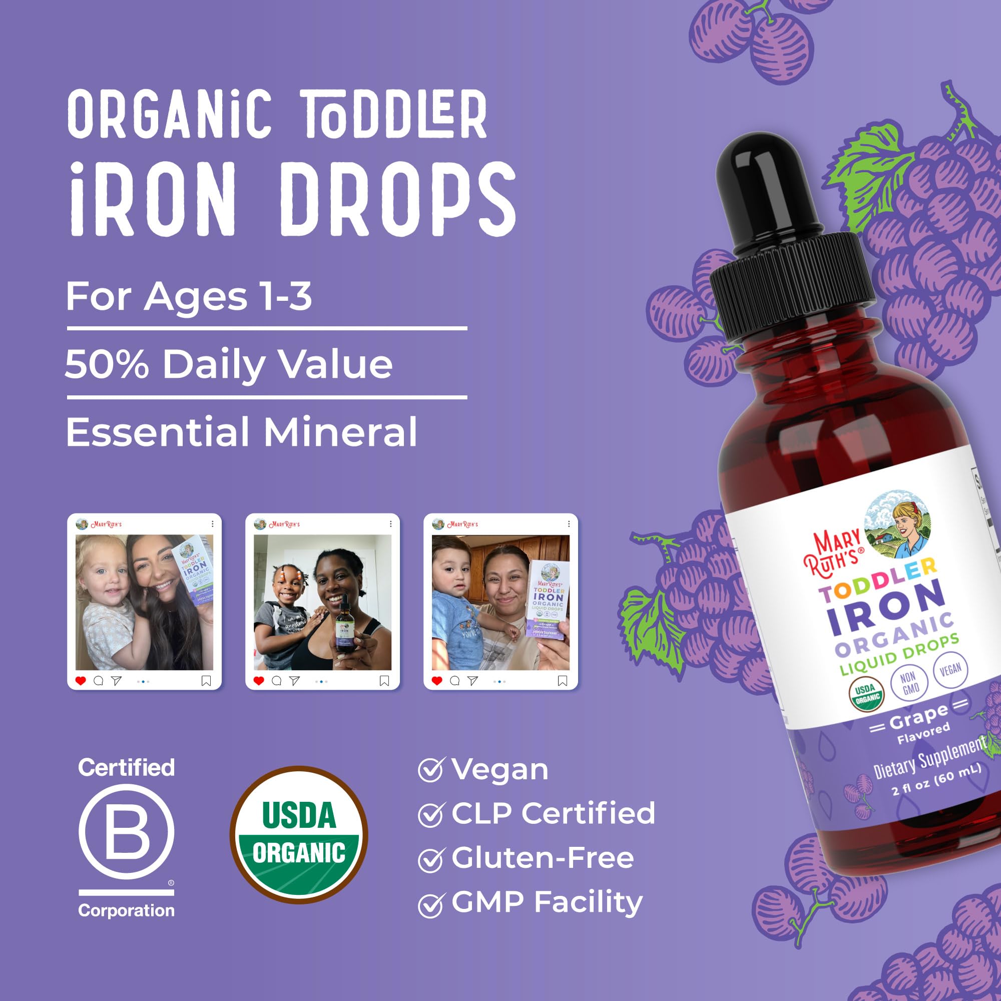 MaryRuth's Iron Supplement for Toddlers | Liquid Iron Supplement for Children Ages 1-3 | Iron Supplement for Iron Deficiency | Ferrochel | Sugar Free | Vegan | Non-GMO | Gluten Free | 2 Fl Oz MARYRUTH'S buy supplements canada