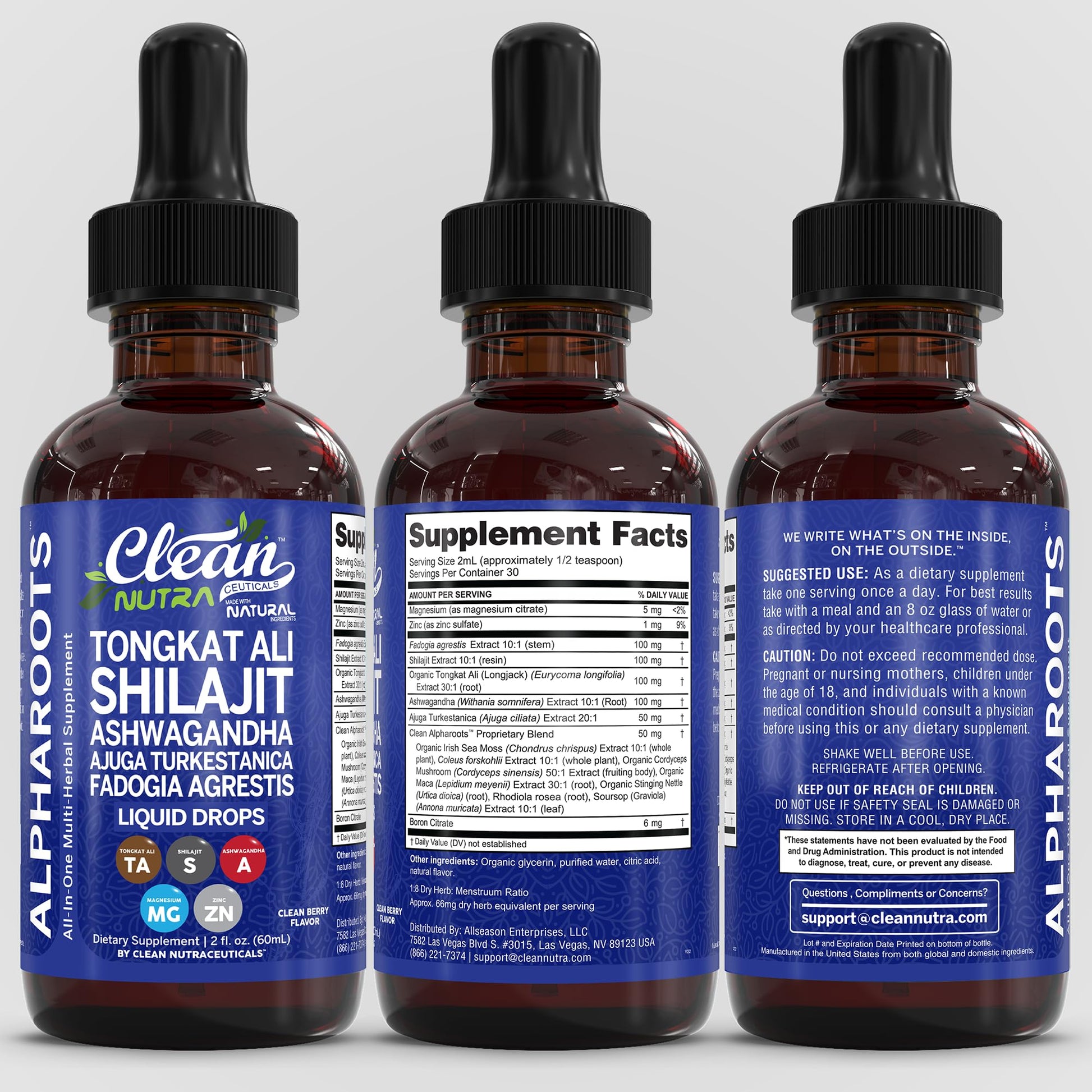 Tongkat Ali Liquid Drops Shilajit, Ashwagandha, Turkesterone, Fadogia Agrestis, Magnesium, Irish Sea Moss, and Zinc Herbal Supplement by Clean Nutra Clean Nutraceuticals buy supplements canada