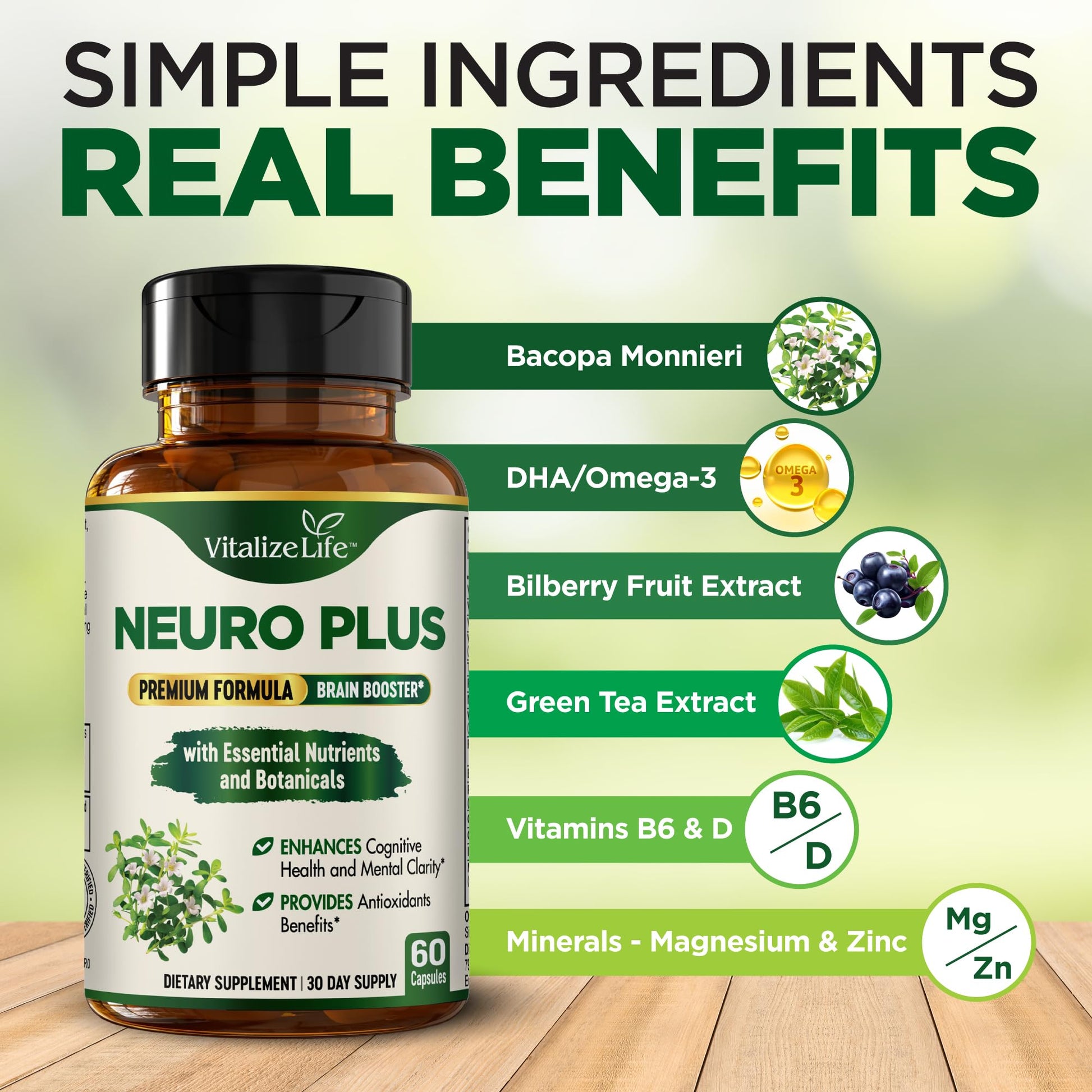 Neuro Plus Brain Supplement - Nootropic for Memory, Focus & Clarity - Neuro Brain and Focus Supplement with Bacopa Monnieri & DHA - Cognitive Support Formula - 60 Capsules Vitalize Life buy supplements canada