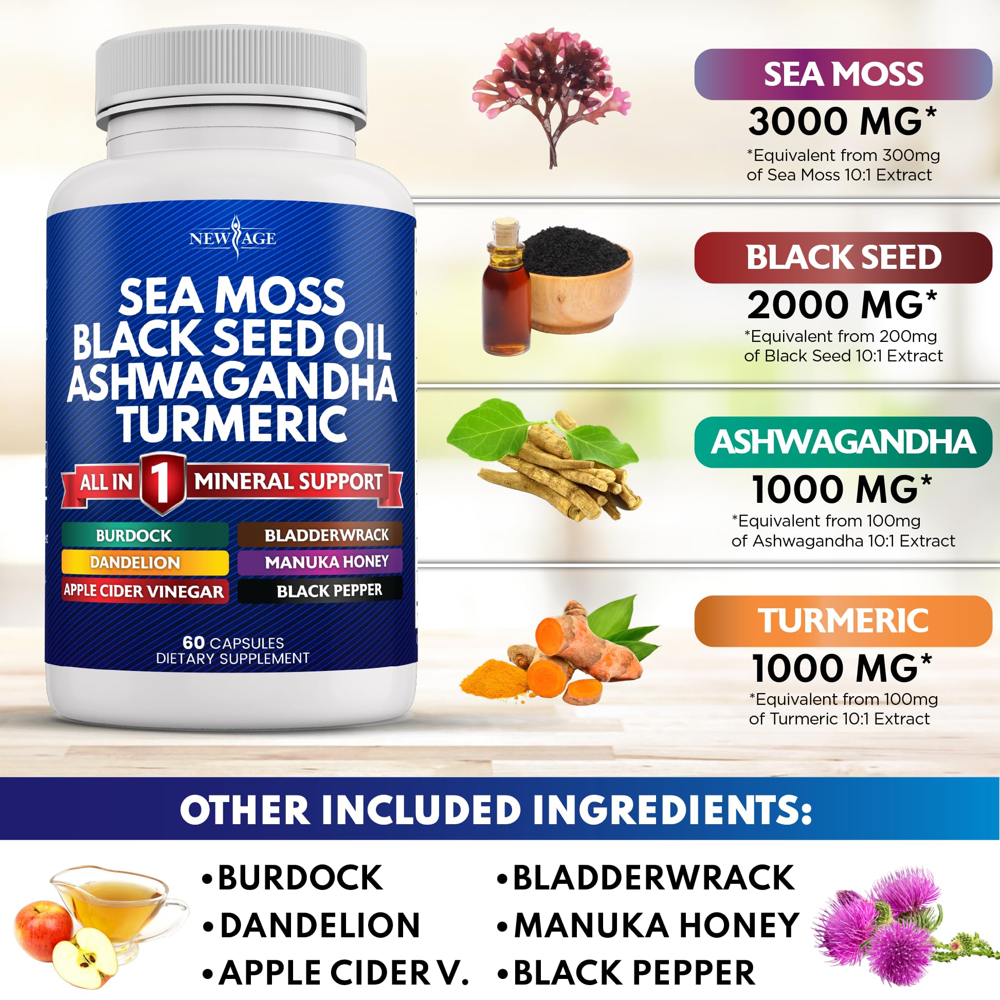 Silica Sea Moss 3000mg Black Seed Oil 2000mg Ashwagandha 1000mg Turmeric 1000mg NEW AGE buy supplements canada