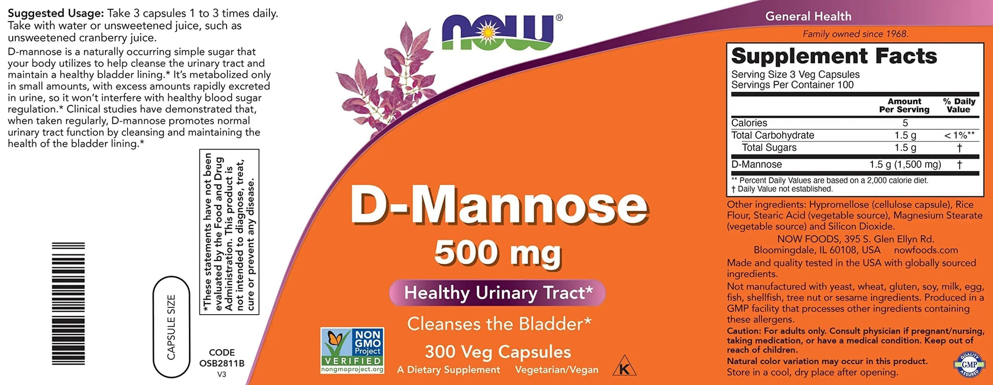 Now D-Mannose 500 mg, 300 Capsules - Vegan, Non GMO Supplement for Women and Men - Supports Healthy Urinary Tract, Cleanses The Bladder NOW Foods buy supplements canada