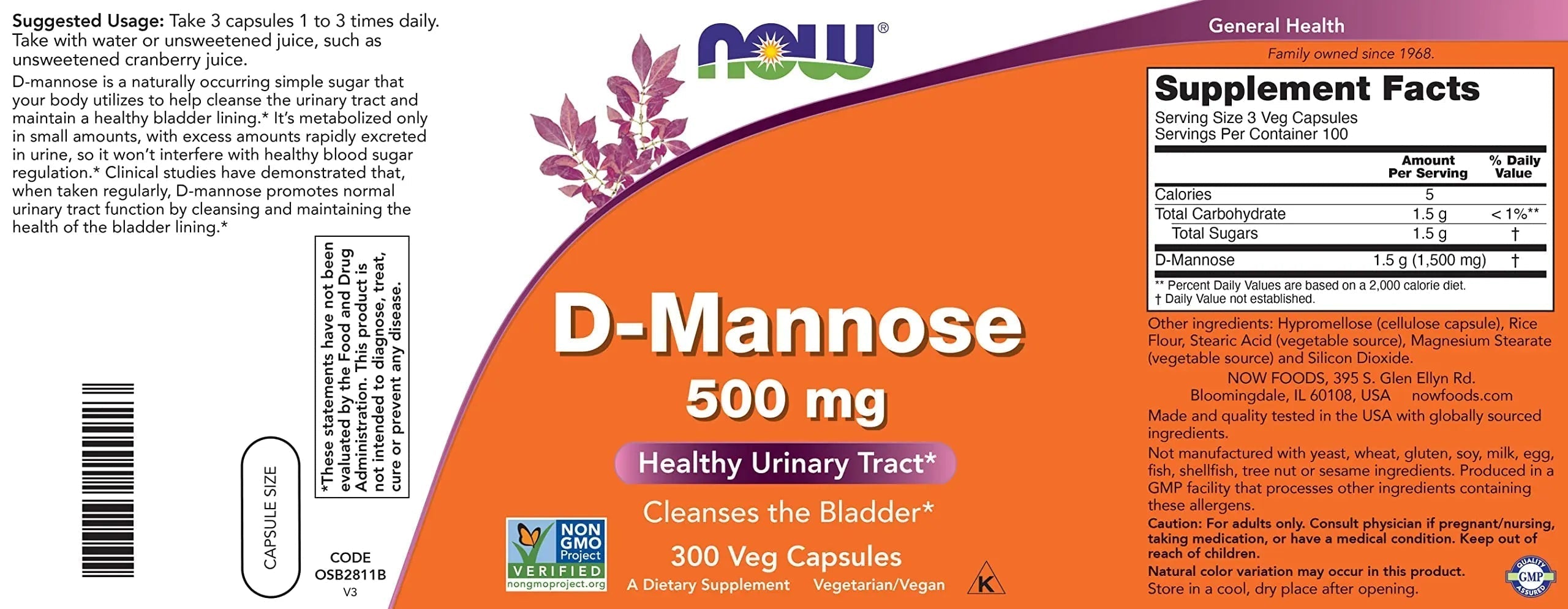 Now D-Mannose 500 mg, 300 Capsules - Vegan, Non GMO Supplement for Women and Men - Supports Healthy Urinary Tract, Cleanses The Bladder NOW Foods buy supplements canada