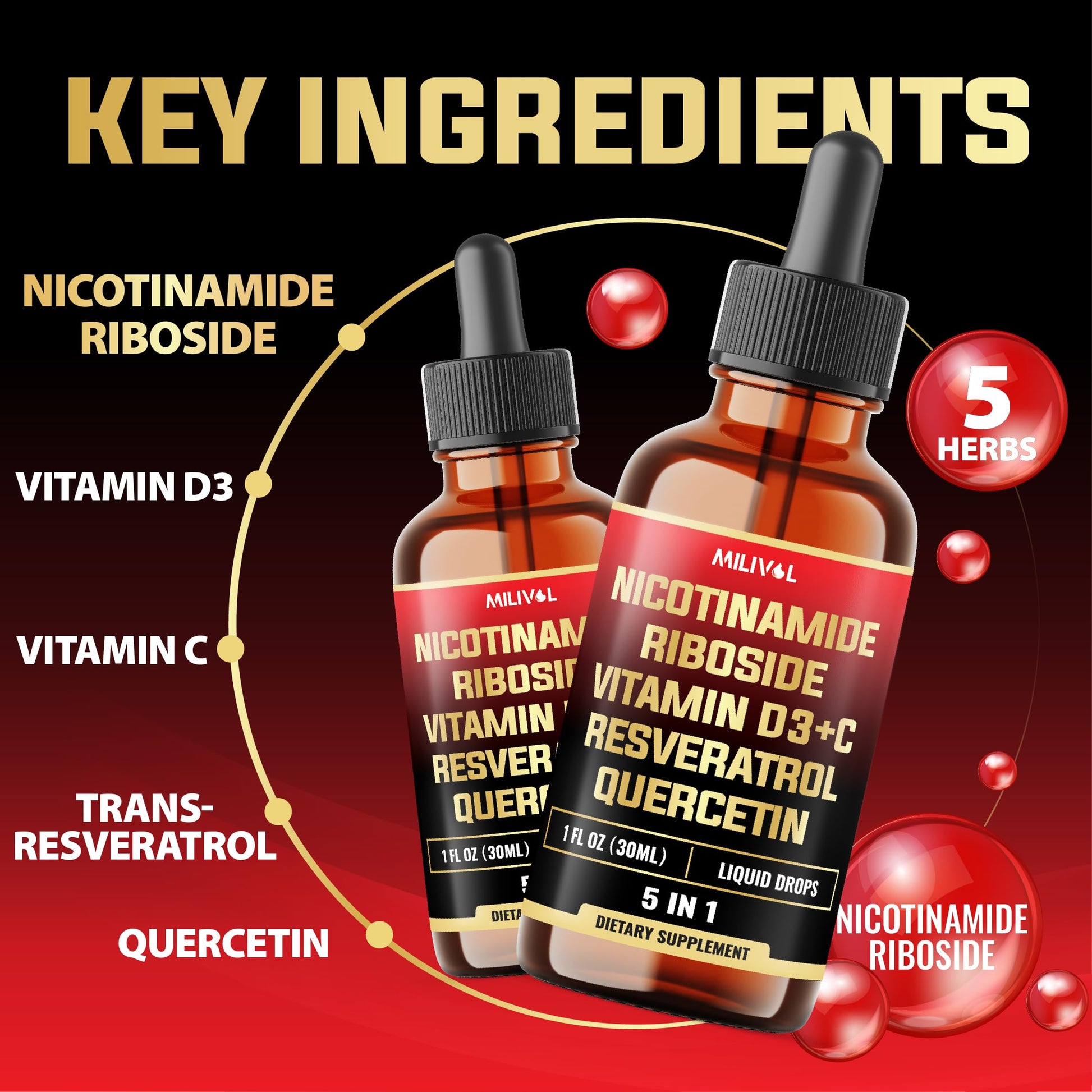 MILIVOL 5in1 NAD+ Liquid Drops w/Nicotinamide Riboside NR 900mg, Quercetin 500mg, Trans-resveratrol 500mg, Vitamin D3-C - Cellular Energy & Repair, Vitality, Healthy Aging - 1FL Oz - 1 Month Supply MILIVOL buy supplements canada