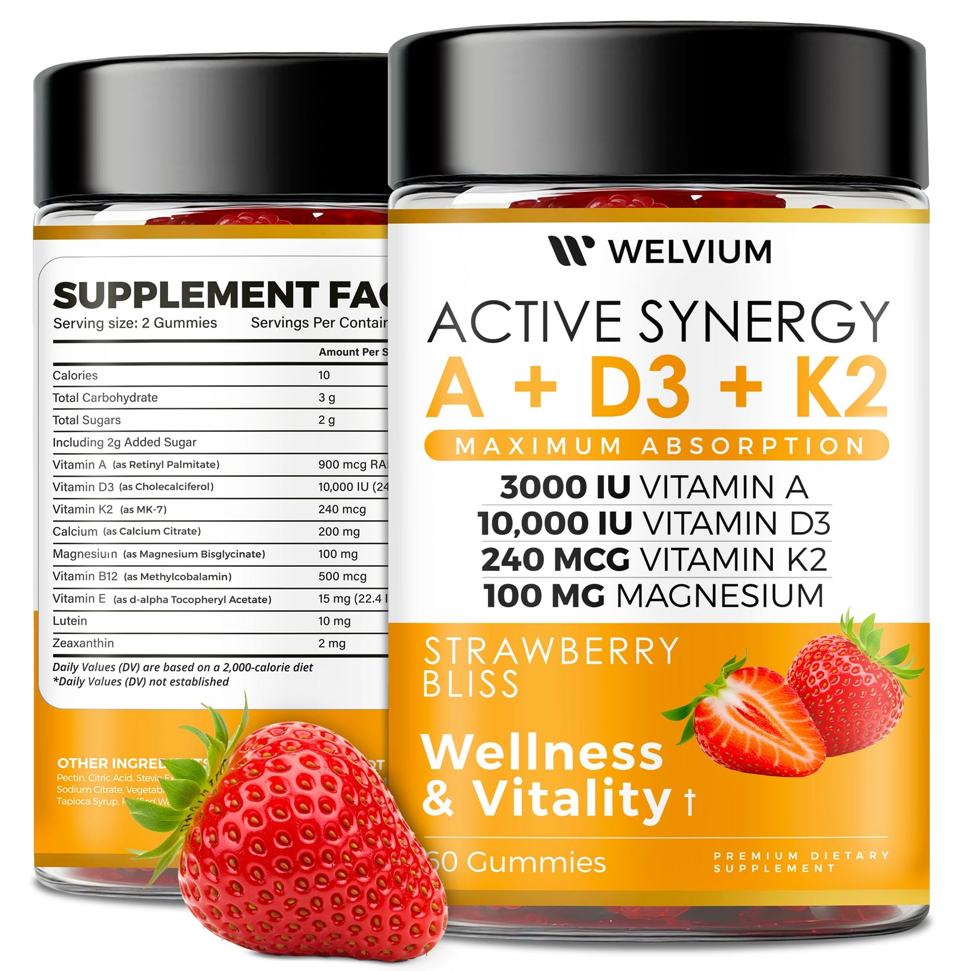 WELVIUM Vitamin D3 K2 Gummies 10000 IU with Magnesium Glycinate, Calcium, B12, K2 MK-7, Vitamins A, E, Lutein, Zeaxanthin - ADK Chewable Supplement for Bone, Eye, Immune Support - D3K2 Gummies WELVIUM buy supplements canada