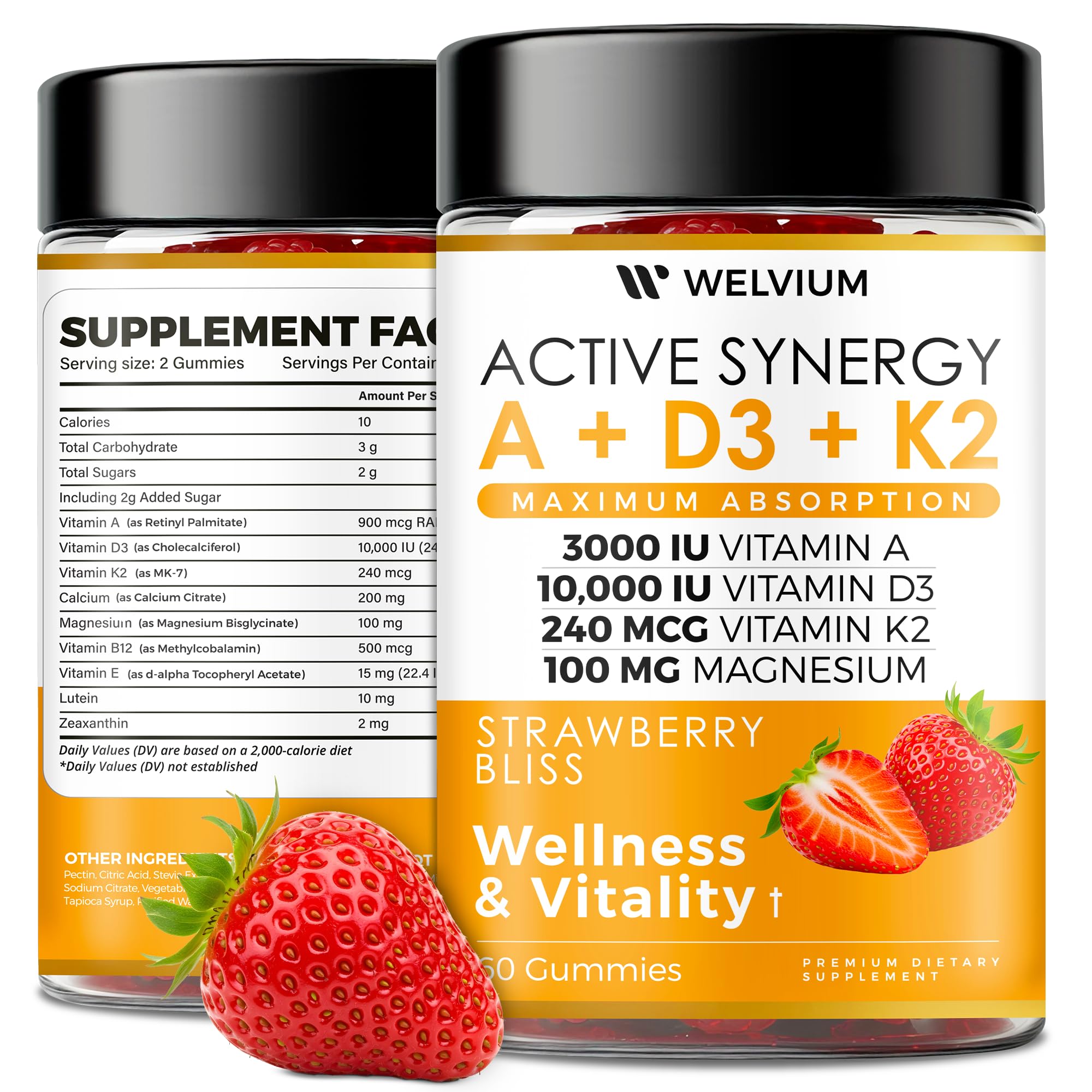 WELVIUM Vitamin D3 K2 Gummies 10000 IU with Magnesium Glycinate, Calcium, B12, K2 MK-7, Vitamins A, E, Lutein, Zeaxanthin - ADK Chewable Supplement for Bone, Eye, Immune Support - D3K2 Gummies WELVIUM buy supplements canada