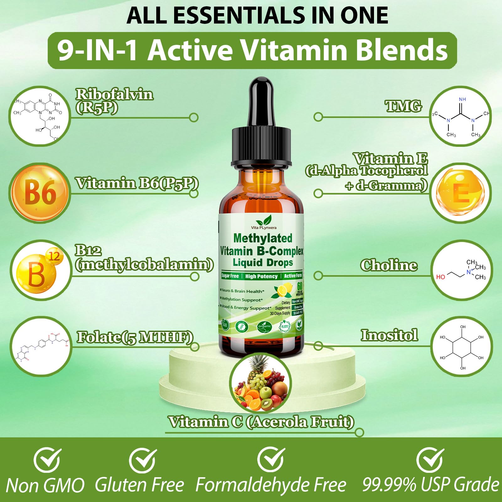 Methylated B Complex Liquid Drop Complete 9-in-1 Methyl B Vitamins w. B12 Methylfolate Inositol Choline TMG Vitamin C E, Super B-Complex Methylated for MTHFR Support, Energy Mood Nerve & Brain Health1 Vita PLynxera buy supplements canada