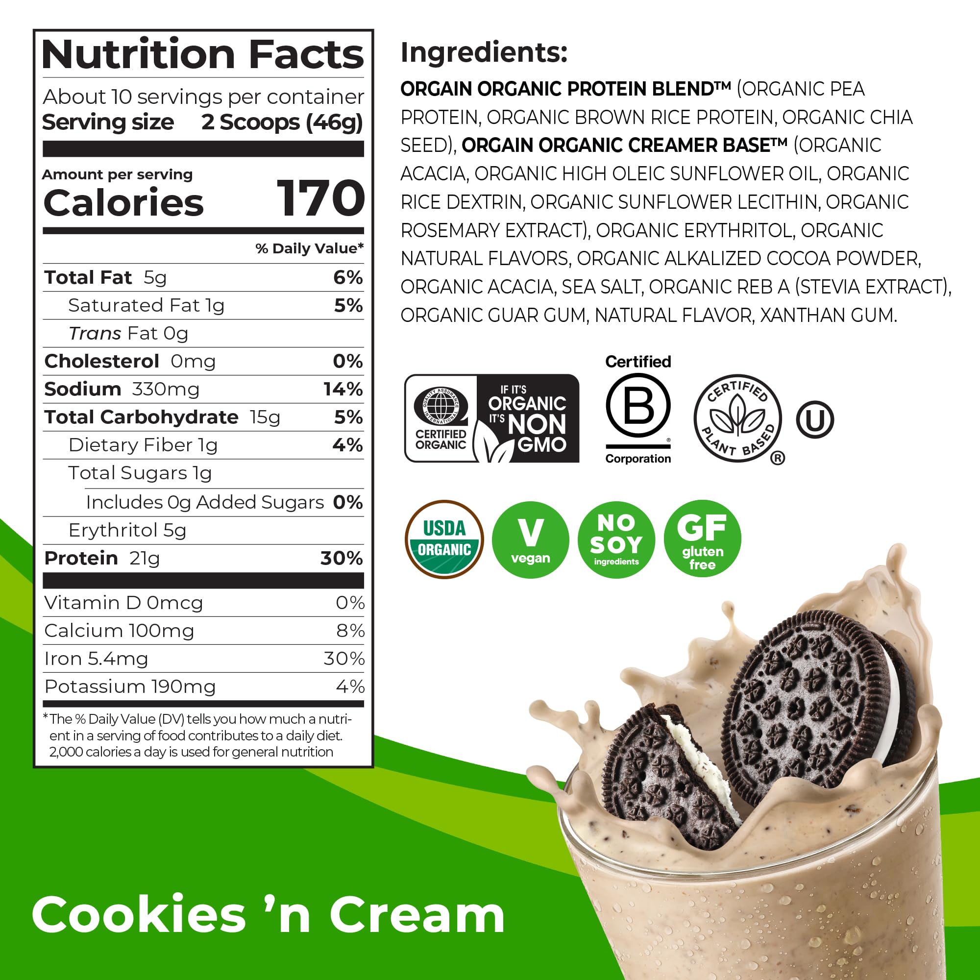 Orgain Organic Vegan Protein Powder, Cookies and Cream - 21g Plant Based Protein Orgain buy supplements canada
