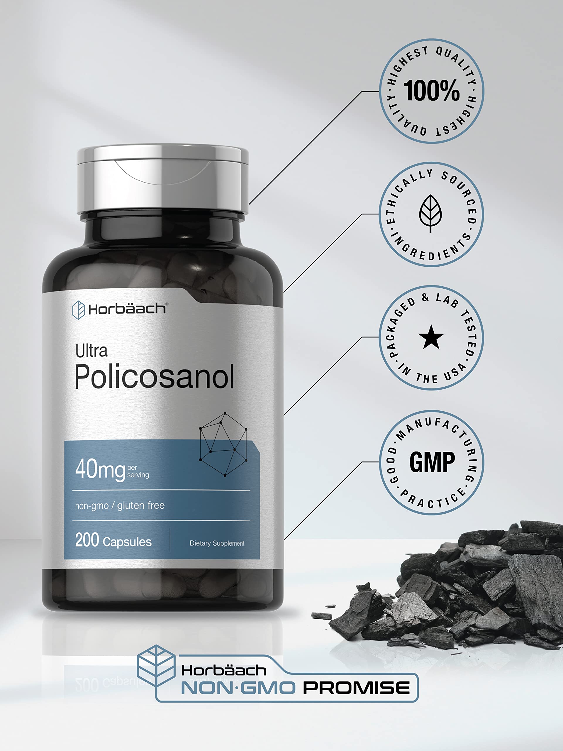 Policosanol 40mg | 200 Capsules | Non-GMO and Gluten Free | by Horbaach Horbäach buy supplements canada