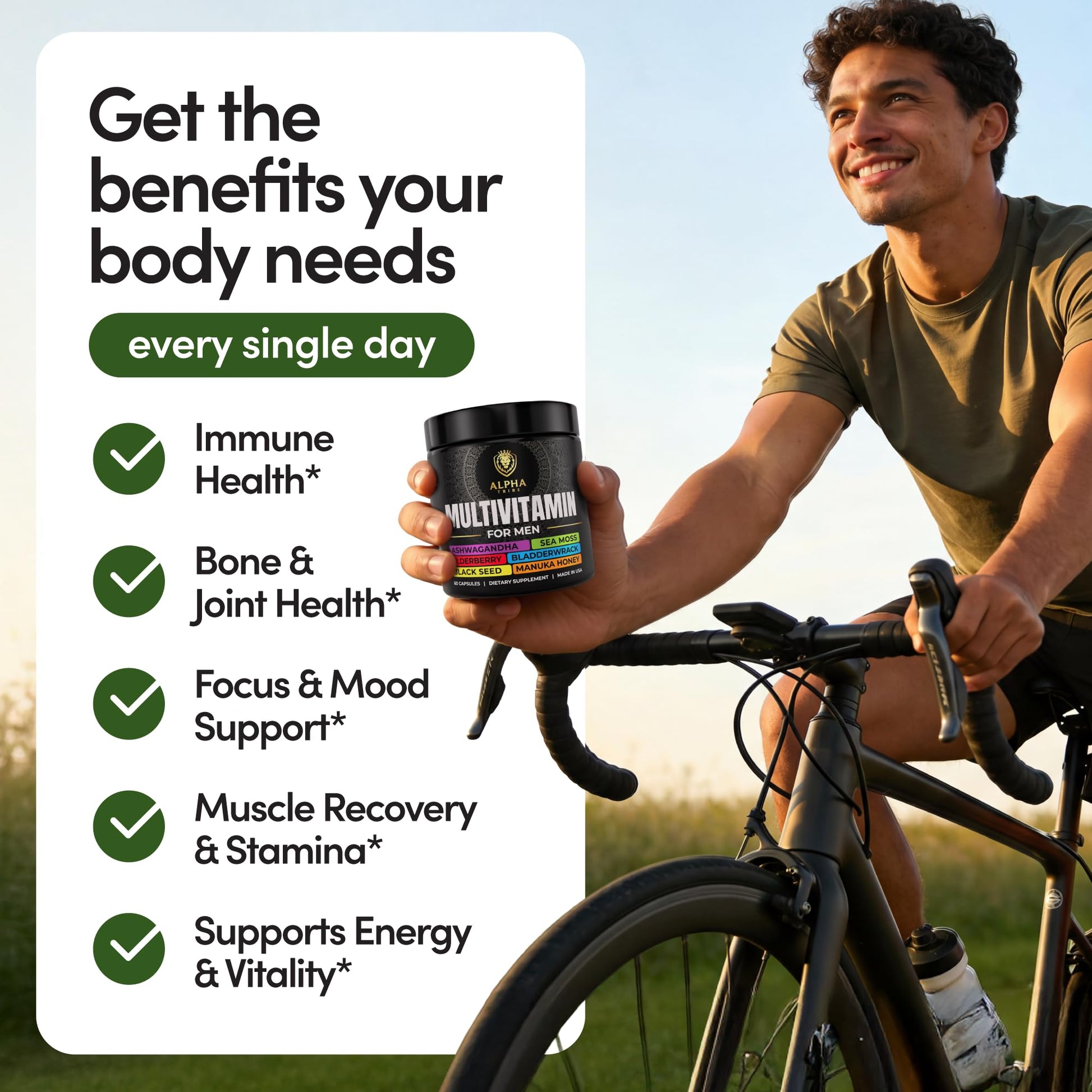 Alpha Tribe Multivitamin for Men & Organizer w/Seamoss Black Seed Oil Ashwagandha Burdock Root Turmeric Bladderwrack Vitamin C | Daily Men's Vitamins & Minerals Supplement | 60 Count Alpha Tribe buy supplements canada