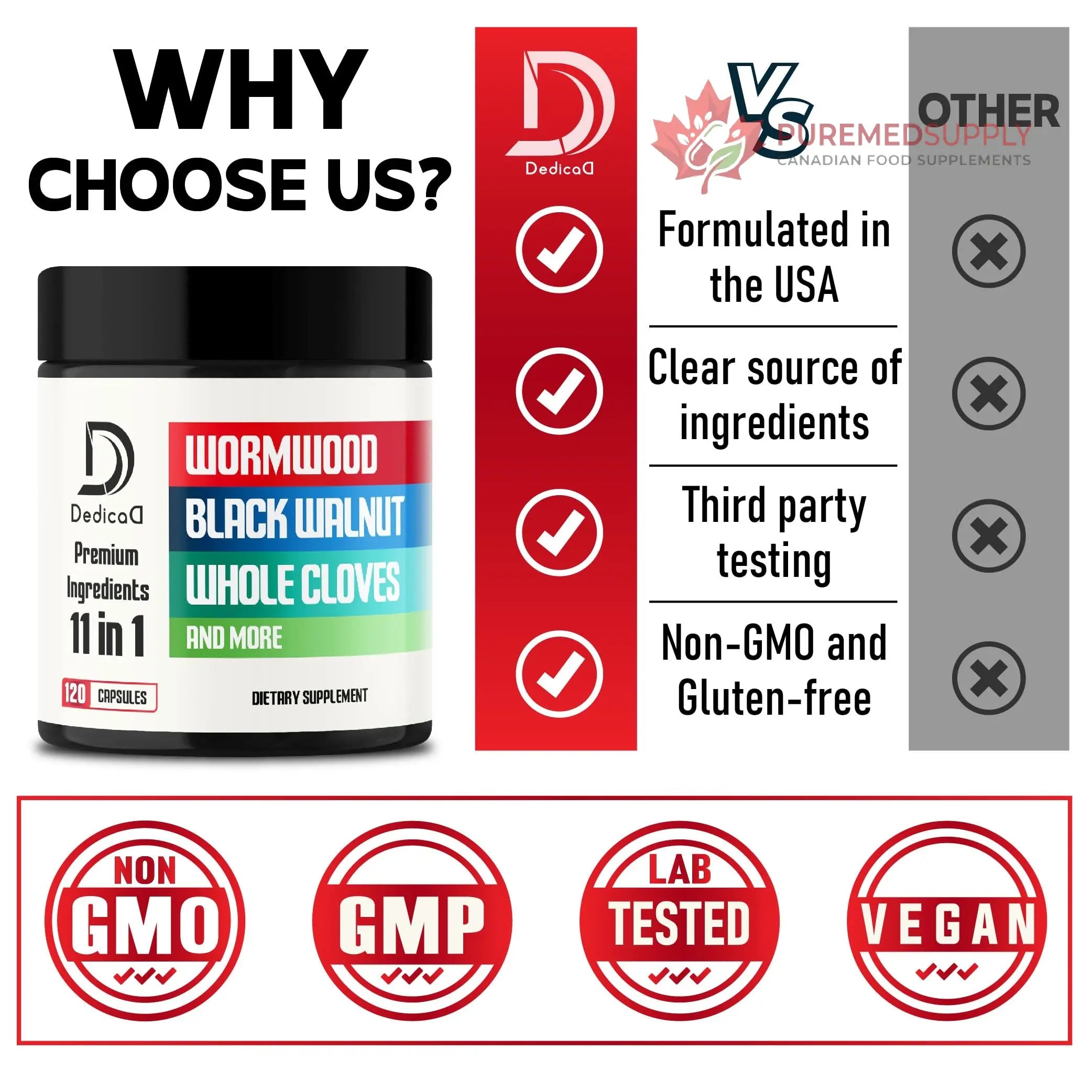 DEDICAD Wormwood Supplement - 120 Capsules Extracted from Black Walnut, Cloves, Turmeric, Apple, Berberine HCl & More - 11 Ingredients Combined for Immune System - 2-Month Supply DEDICAD buy supplements canada