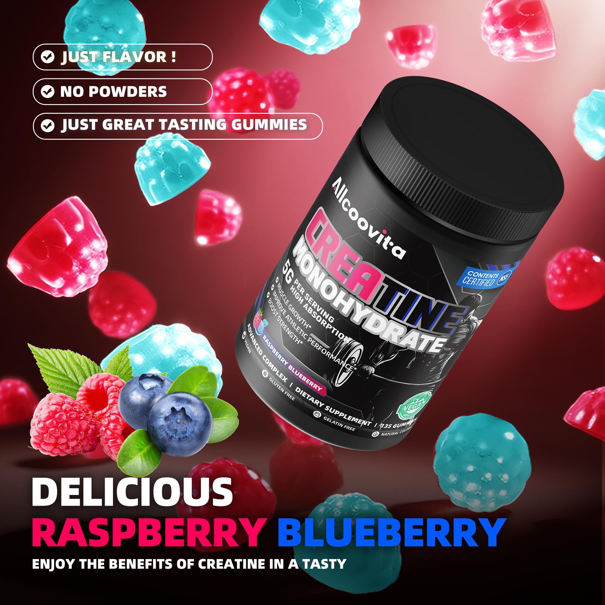 NSF Certified Creatine Gummy 5g - Creatine Monohydrate Gummies for Men & Women. Boost Focus,Strength, and Endurance, Anti-Melting Formula, Vegan, Gluten-Free, Non-GMO,(Raspberry & Blueberry 135 ct) Allcoovita buy supplements canada