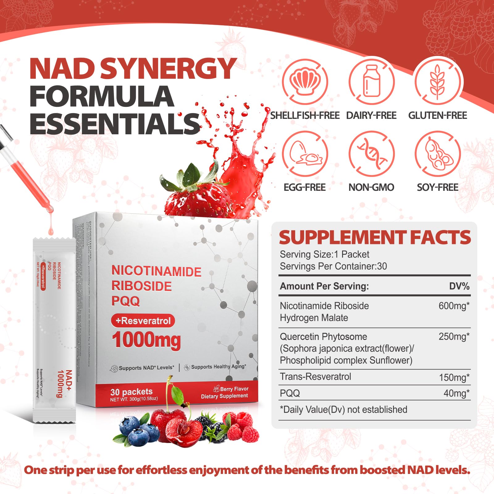 Zooone NAD+ Liquid Supplement 1000mg, Nicotinamide Riboside & Resveratrol, Extra Strength Berry Flavor Drink Mix for Energy, Focus & Anti-Aging -30 Pack Zooone buy supplements canada
