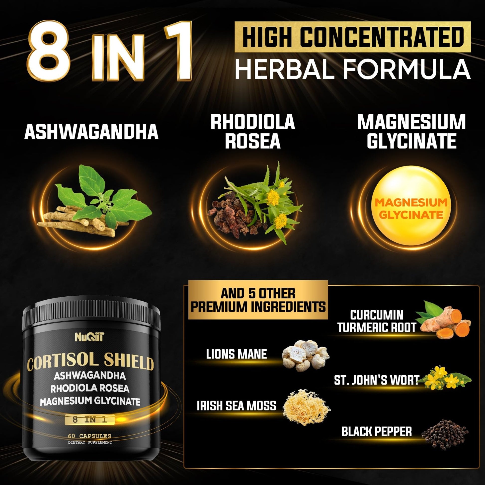 8in1 Cortisol Shield - Ashwagandha and Magnesium, Rhodiola Rosea, Lions Mane, Sea Moss, Turmeric, St Jonh's Wort - Mind& Mood Balance, Rest Well, Support Immume - 60 Capsules - OzHealthStandard