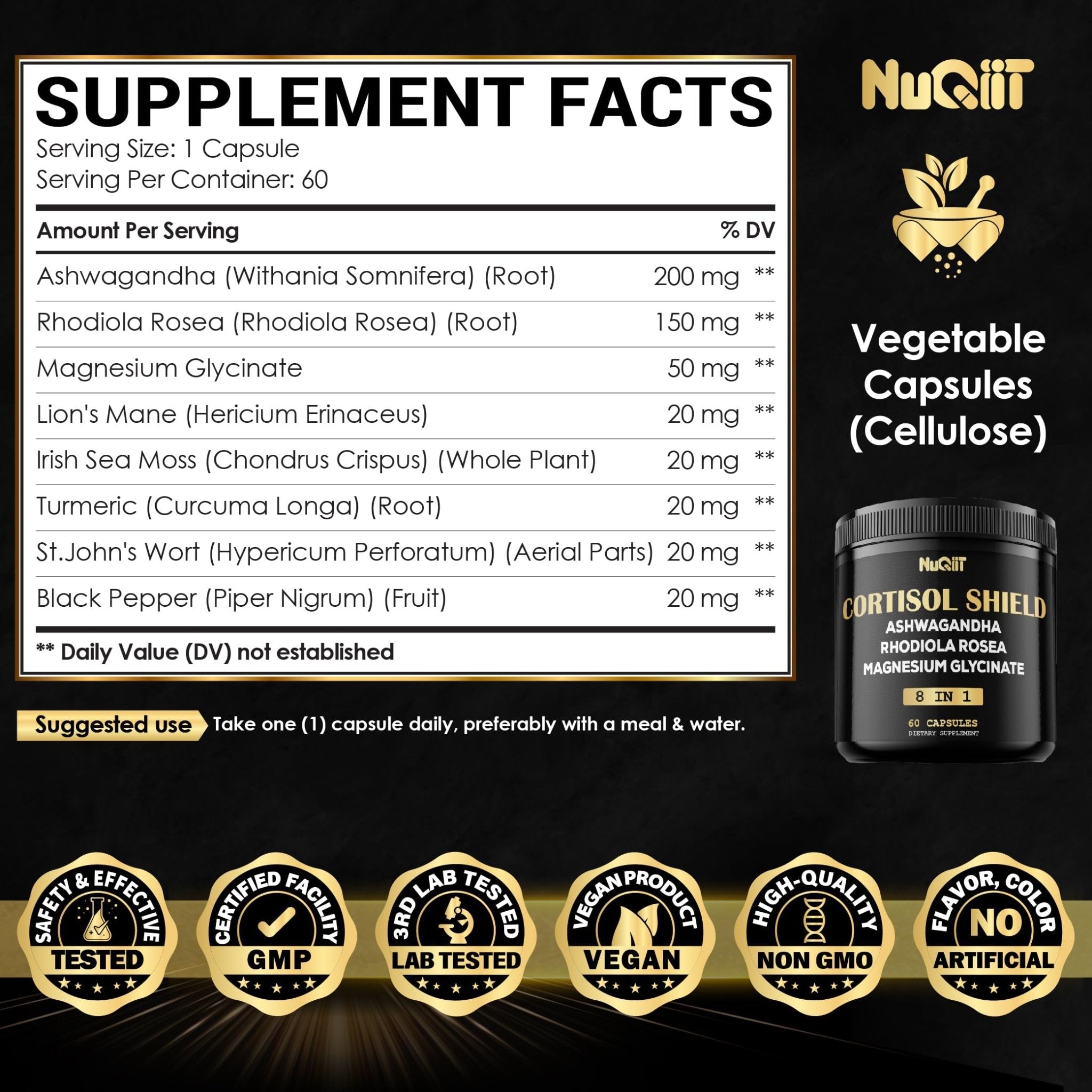 8in1 Cortisol Shield - Ashwagandha and Magnesium, Rhodiola Rosea, Lions Mane, Sea Moss, Turmeric, St Jonh's Wort - Mind& Mood Balance, Rest Well, Support Immume - 60 Capsules - OzHealthStandard