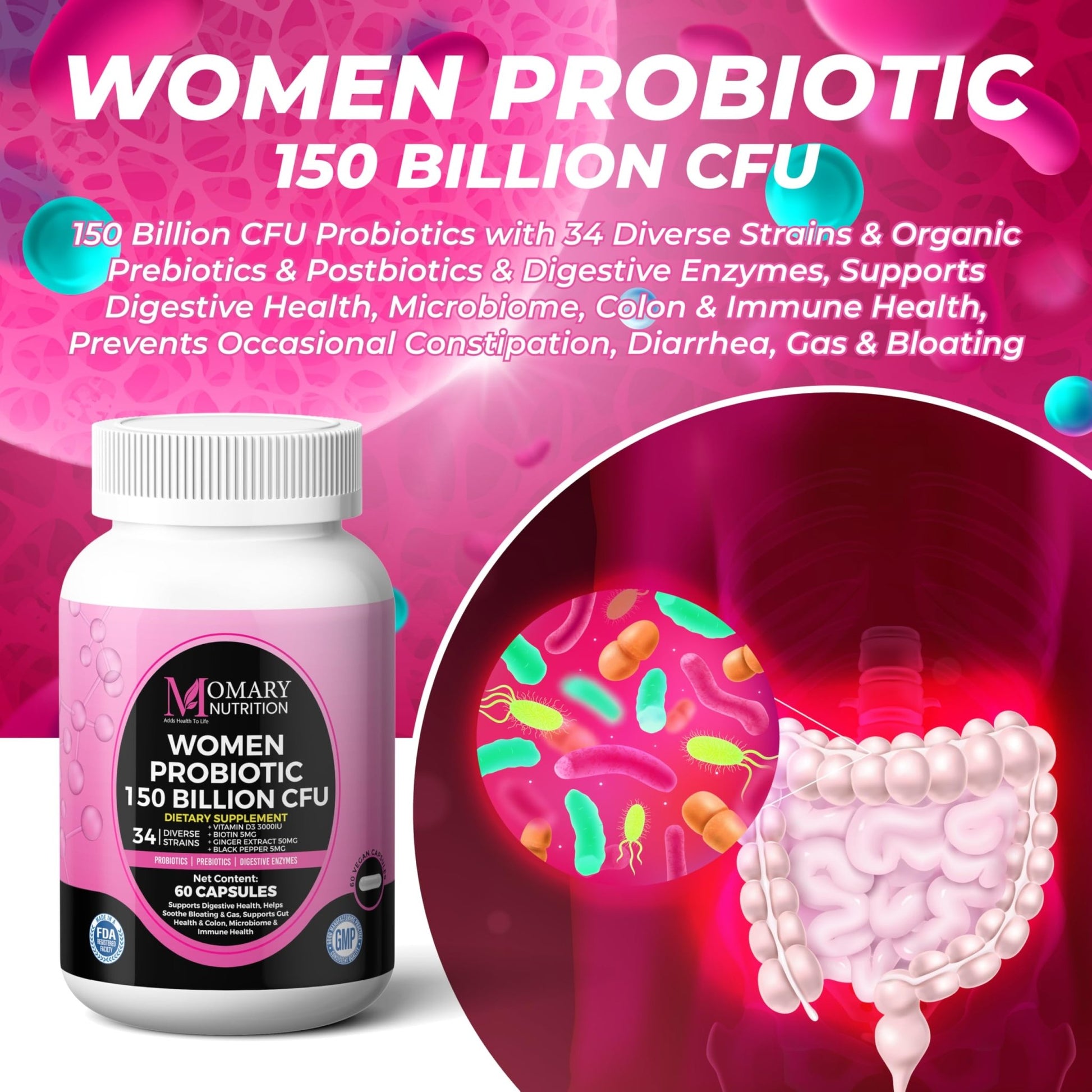 9-in-1 Bio Cultures Complex for Women – 150 Billion CFU Probiotics with 34 Diverse Strains, Organic Prebiotics, Postbiotics, Digestive Enzymes & Biotin – Supports Digestive Balance & Gut Microbiome - OzHealthStandard