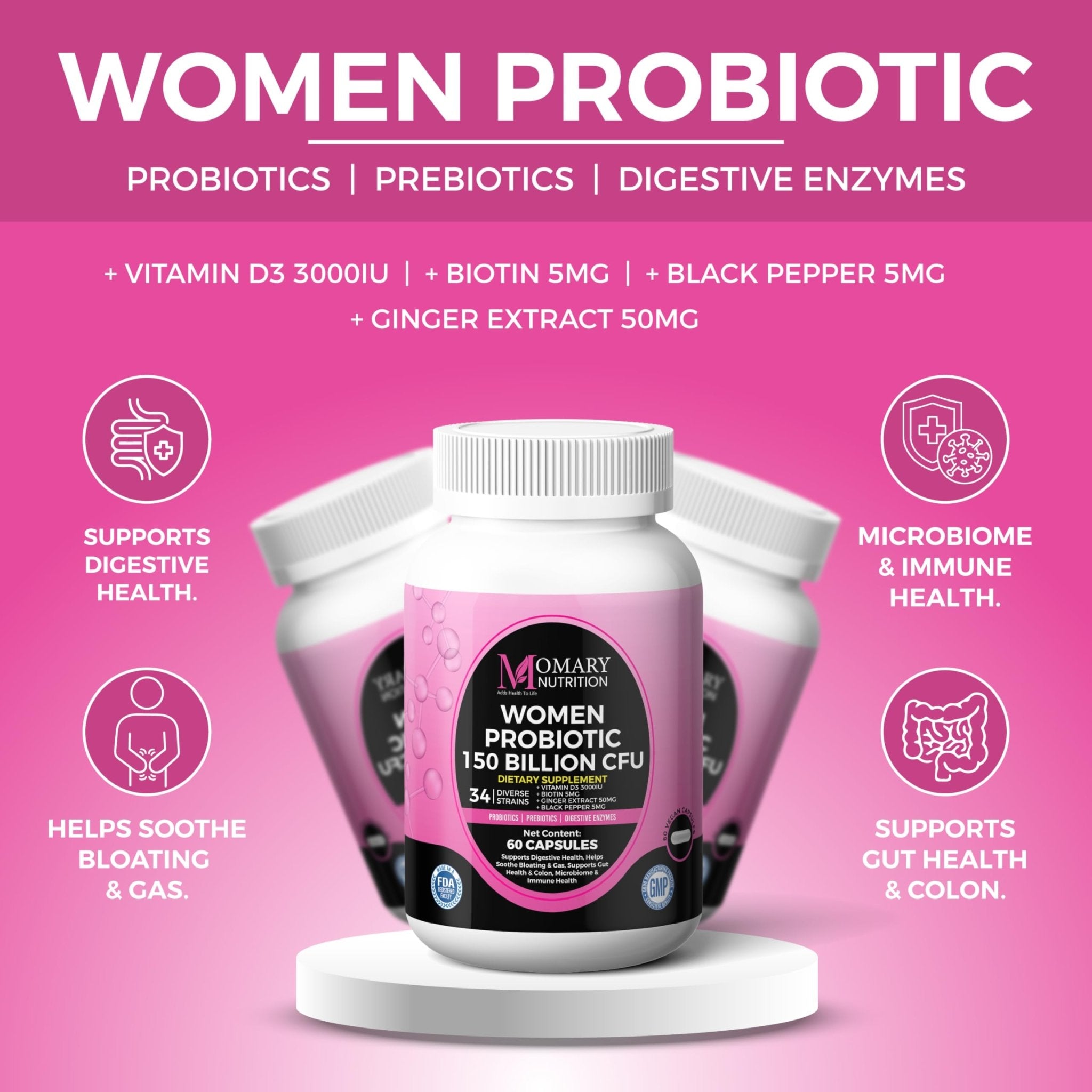 9-in-1 Bio Cultures Complex for Women – 150 Billion CFU Probiotics with 34 Diverse Strains, Organic Prebiotics, Postbiotics, Digestive Enzymes & Biotin – Supports Digestive Balance & Gut Microbiome - OzHealthStandard
