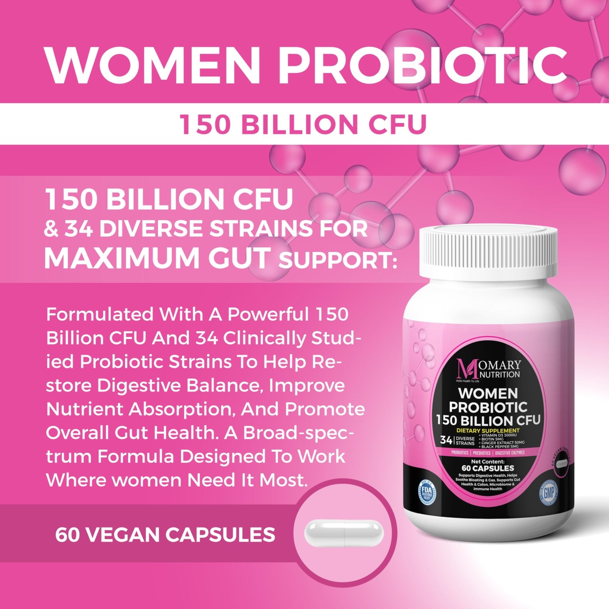 9-in-1 Bio Cultures Complex for Women – 150 Billion CFU Probiotics with 34 Diverse Strains, Organic Prebiotics, Postbiotics, Digestive Enzymes & Biotin – Supports Digestive Balance & Gut Microbiome - OzHealthStandard