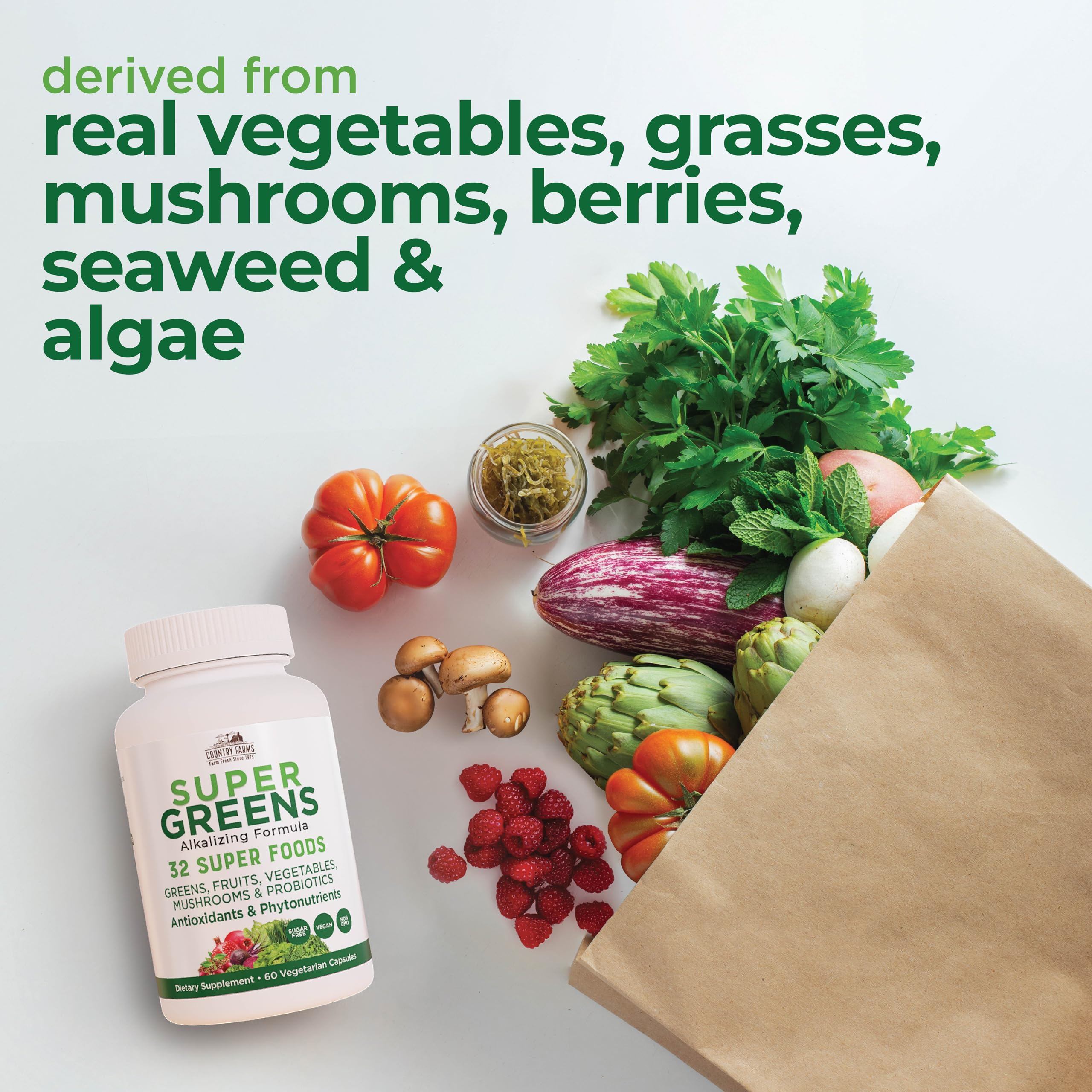 Country Farms Super Greens Vegicaps, 32 Super Foods, Whole Food Supplement, Greens, Fruit, Vegetables, Mushrooms & Probiotics, Rich in Antioxidants & Phytonutrients, 60 Count, 30 Servings Country Farms buy supplements canada