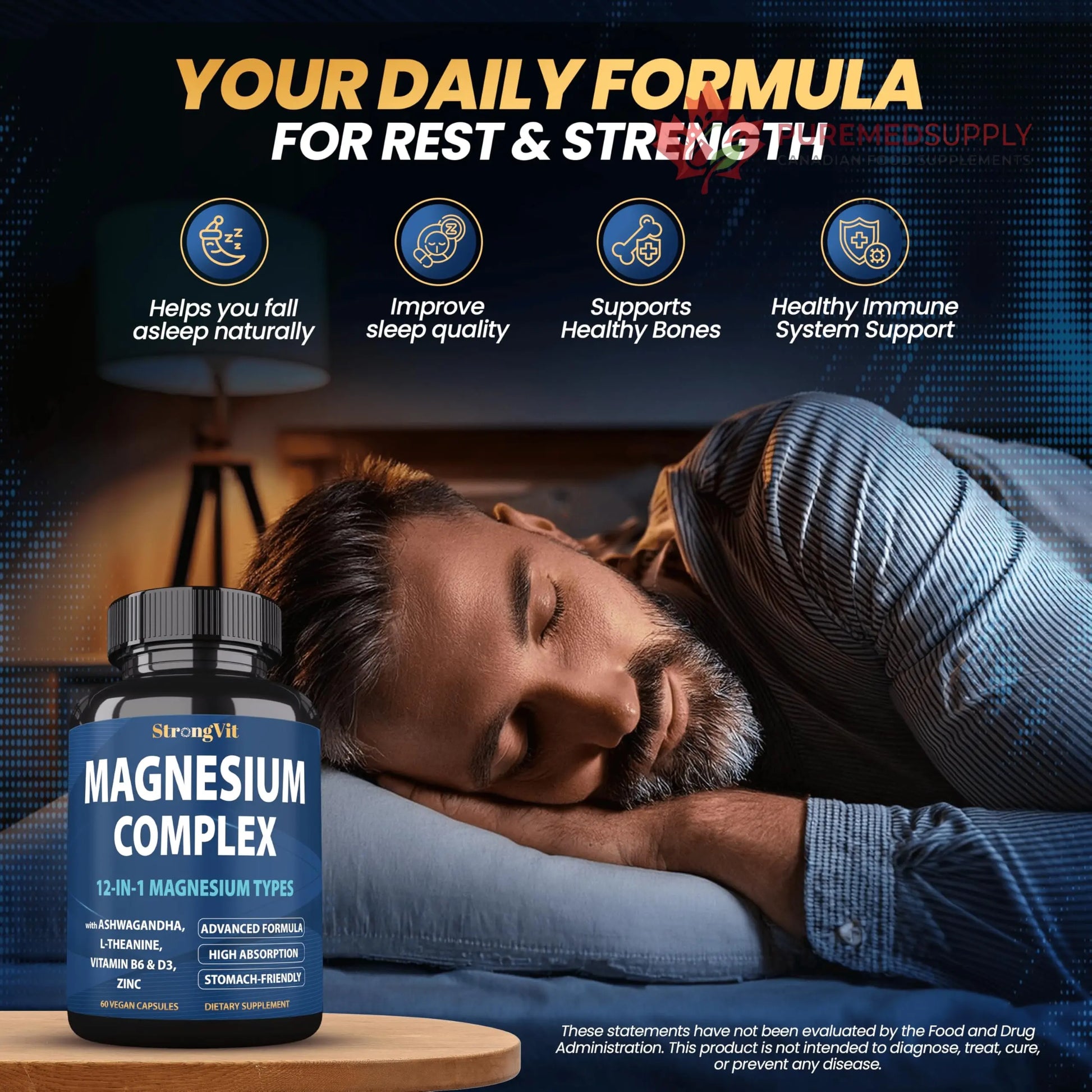 1000mg Magnesium Complex for Women and Men, 12 in 1 Magnesium Supplement with Ashwagandha, Zinc, D3, L-theanine. Easy to Swallow, High Absorption, Sleep Support & Stress Relief (60 Capsules) StrongVit buy supplements canada