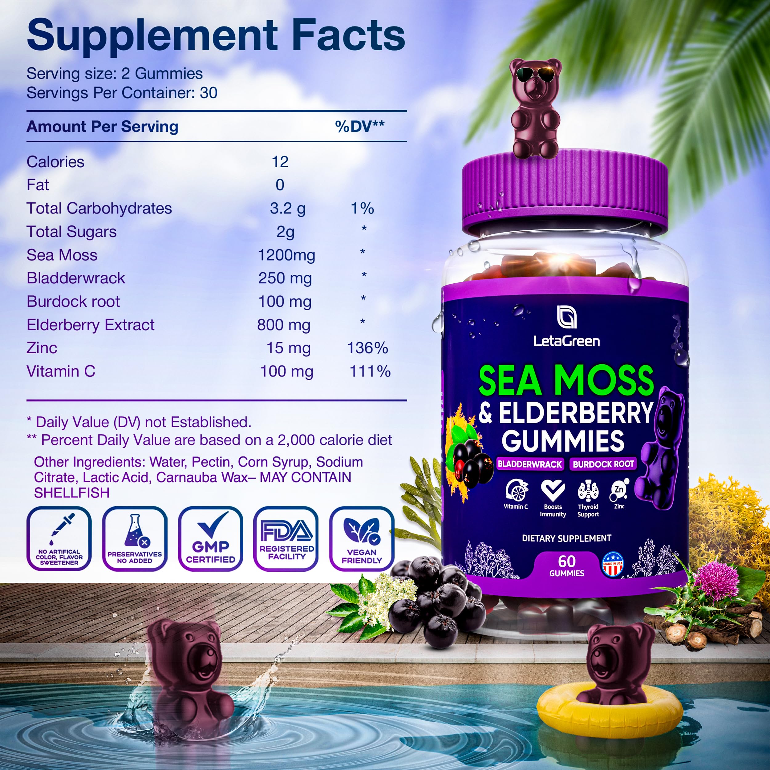 LetaGreen Irish Sea Moss Gummies - 60 Vegan Seamoss Gummies Bears LetaGreen buy supplements canada