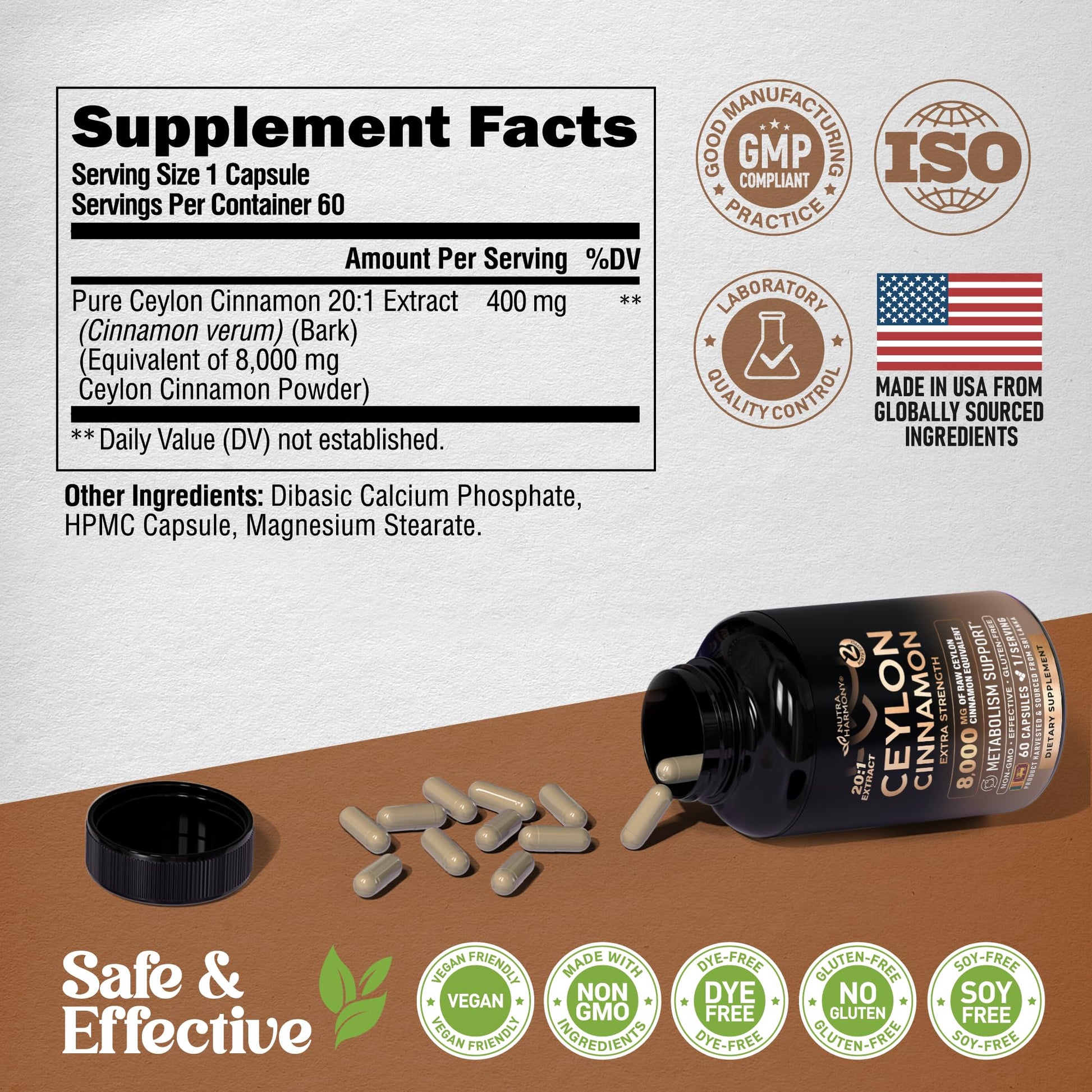 Ceylon Cinnamon Capsules - Extra Strength - Energy Heart & Metabolism Support for Men & Women - Pure Natural Cinnamon 20:1 Extract Supplement NUTRAHARMONY buy supplements canada